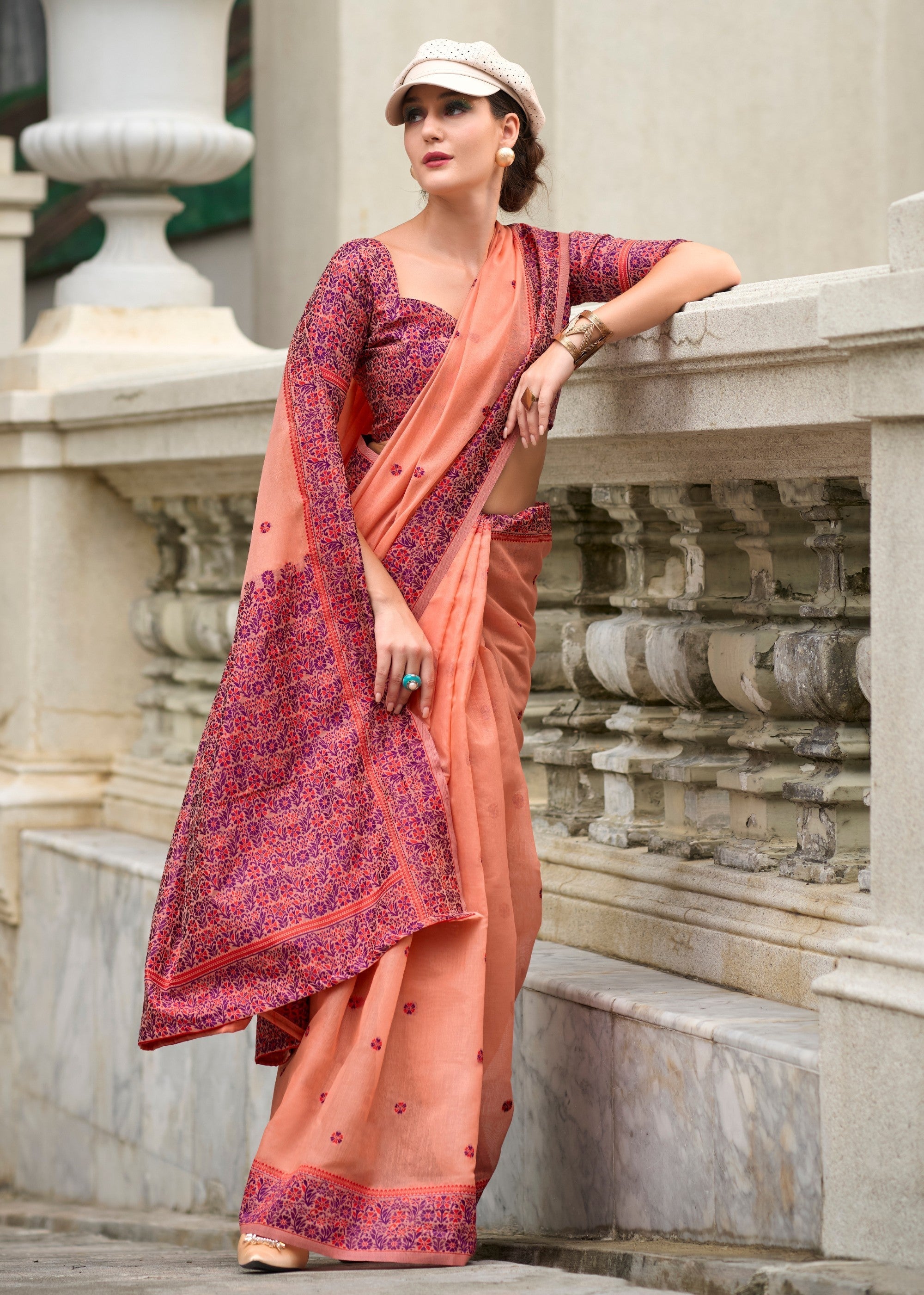 Coral Orange Soft Linen Cotton Silk Saree - qivii