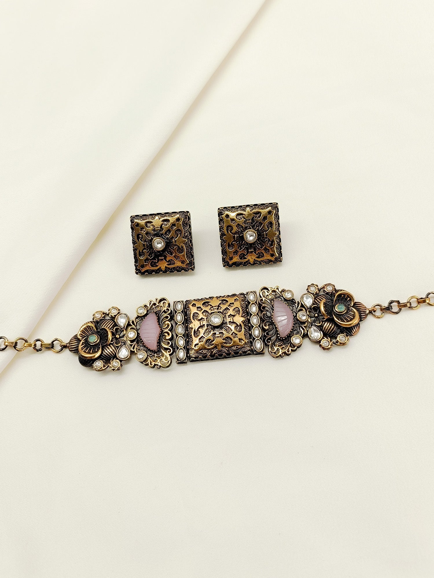 Neeshad Baby Pink Oxidized Choker Set - qivii