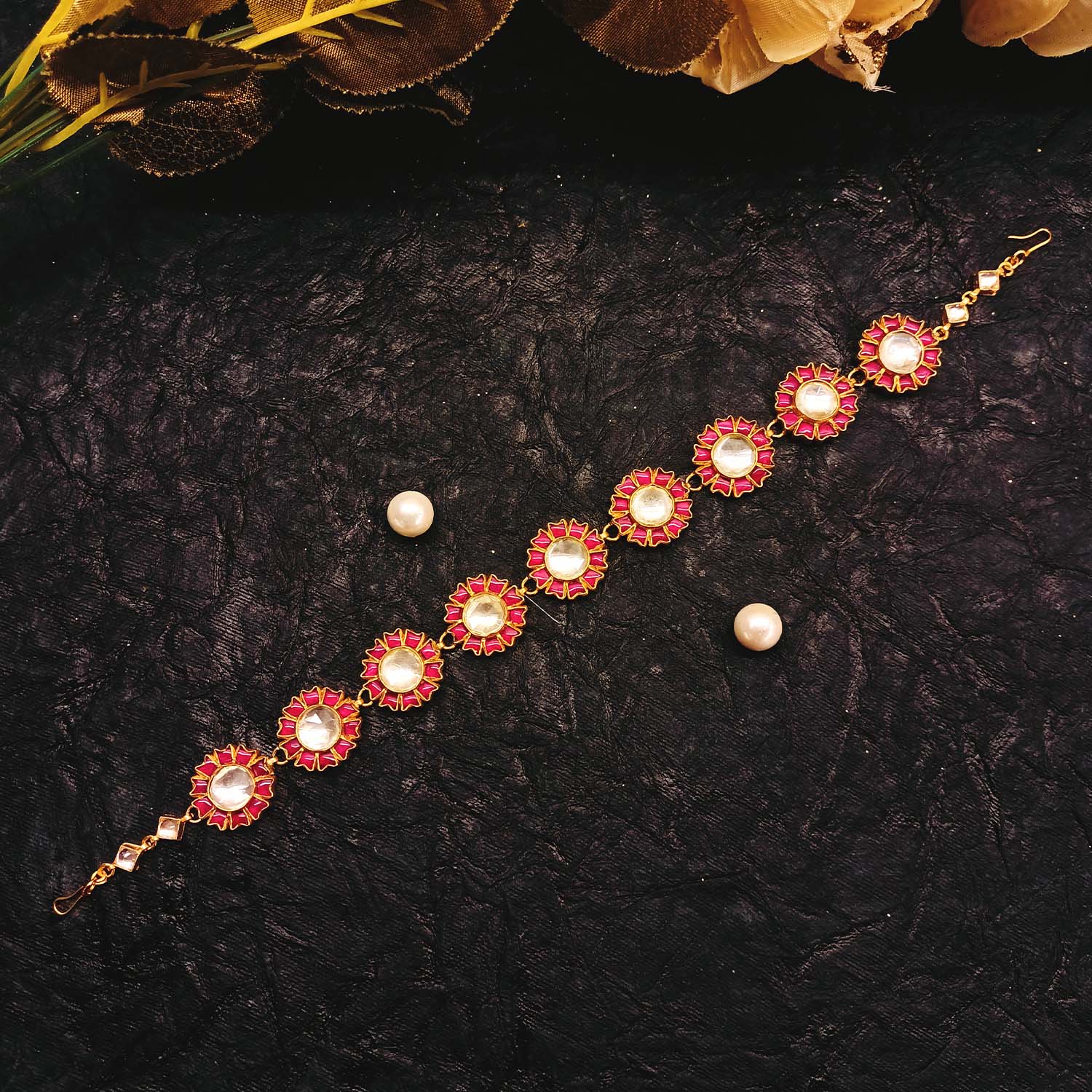 Shashi Rose Pink Gold Plated Kundan Sheesh Phool - qivii