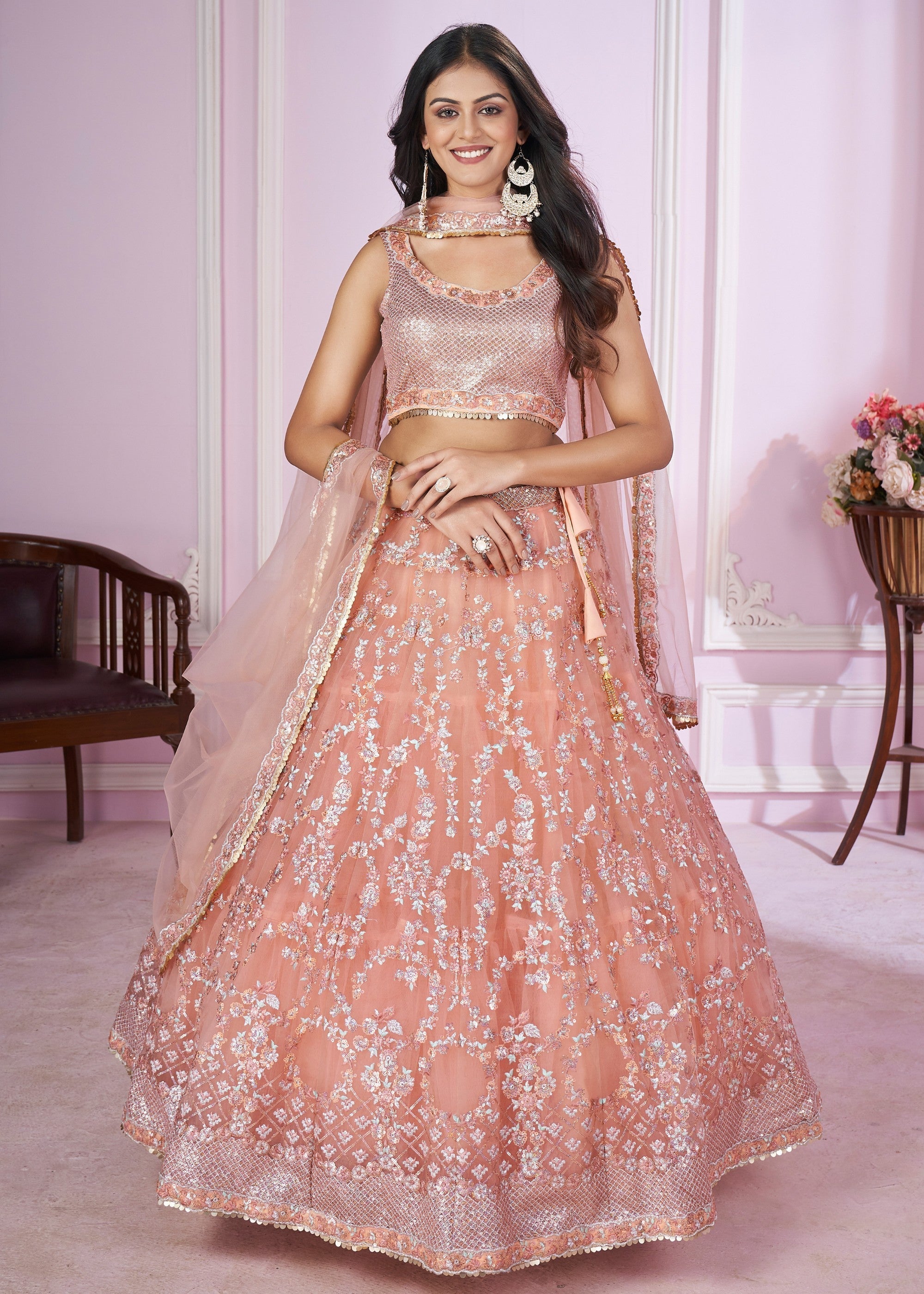 Peach Pink Net Lehenga Choli With Sequins And Thread Embroidery Work | Ready To Wear - qivii