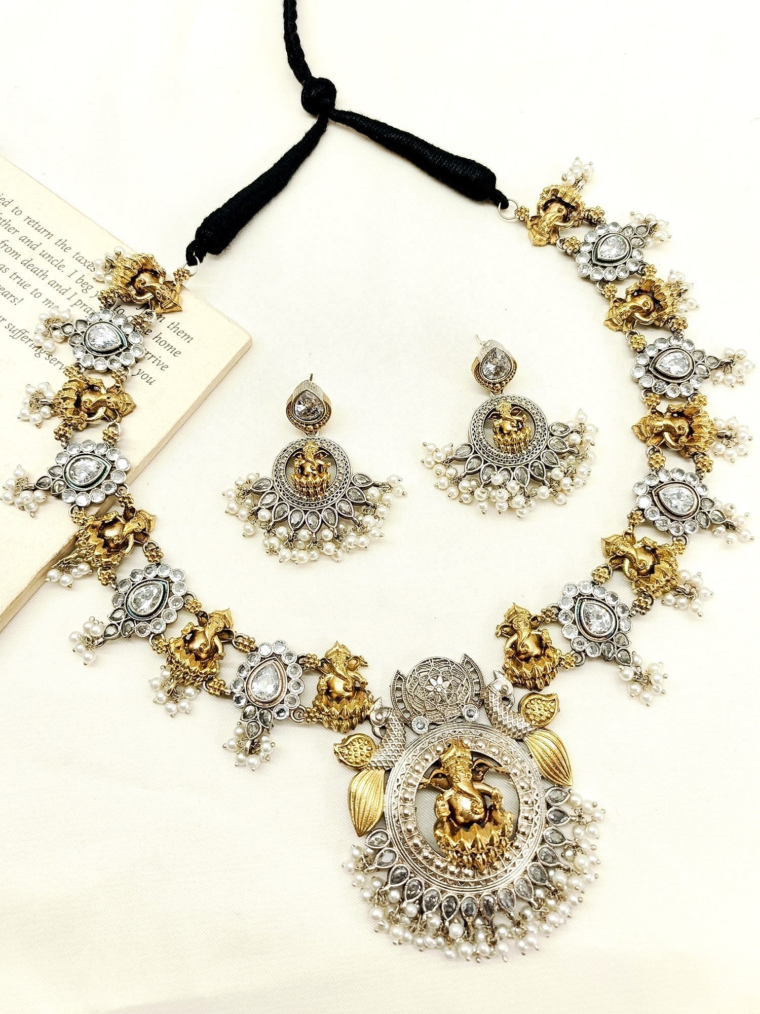Kashini White Ganesh Ji Oxidized Necklace Set - qivii