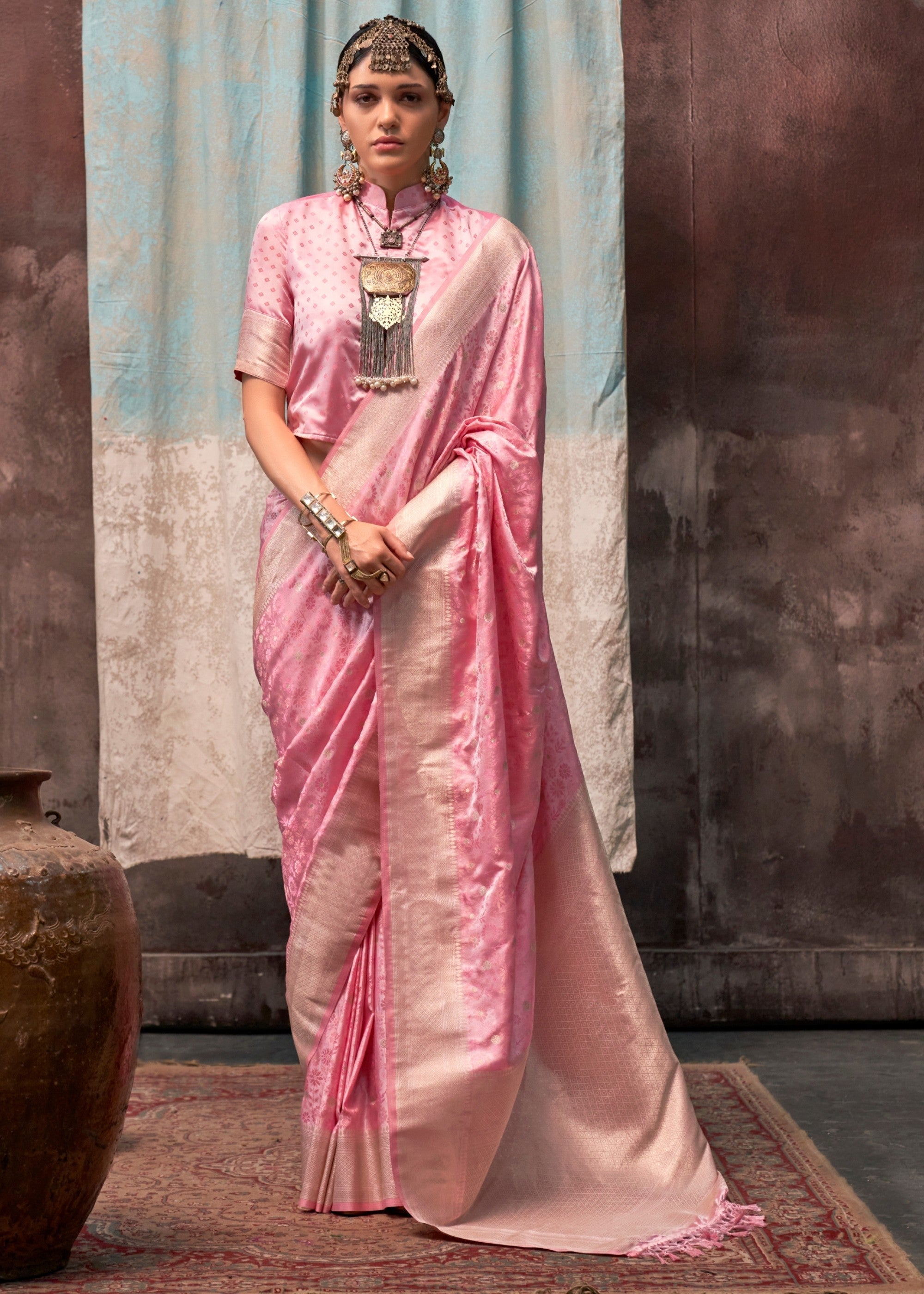 Baby Pink Pure Satin Handloom Weaving Silk Sarees - qivii