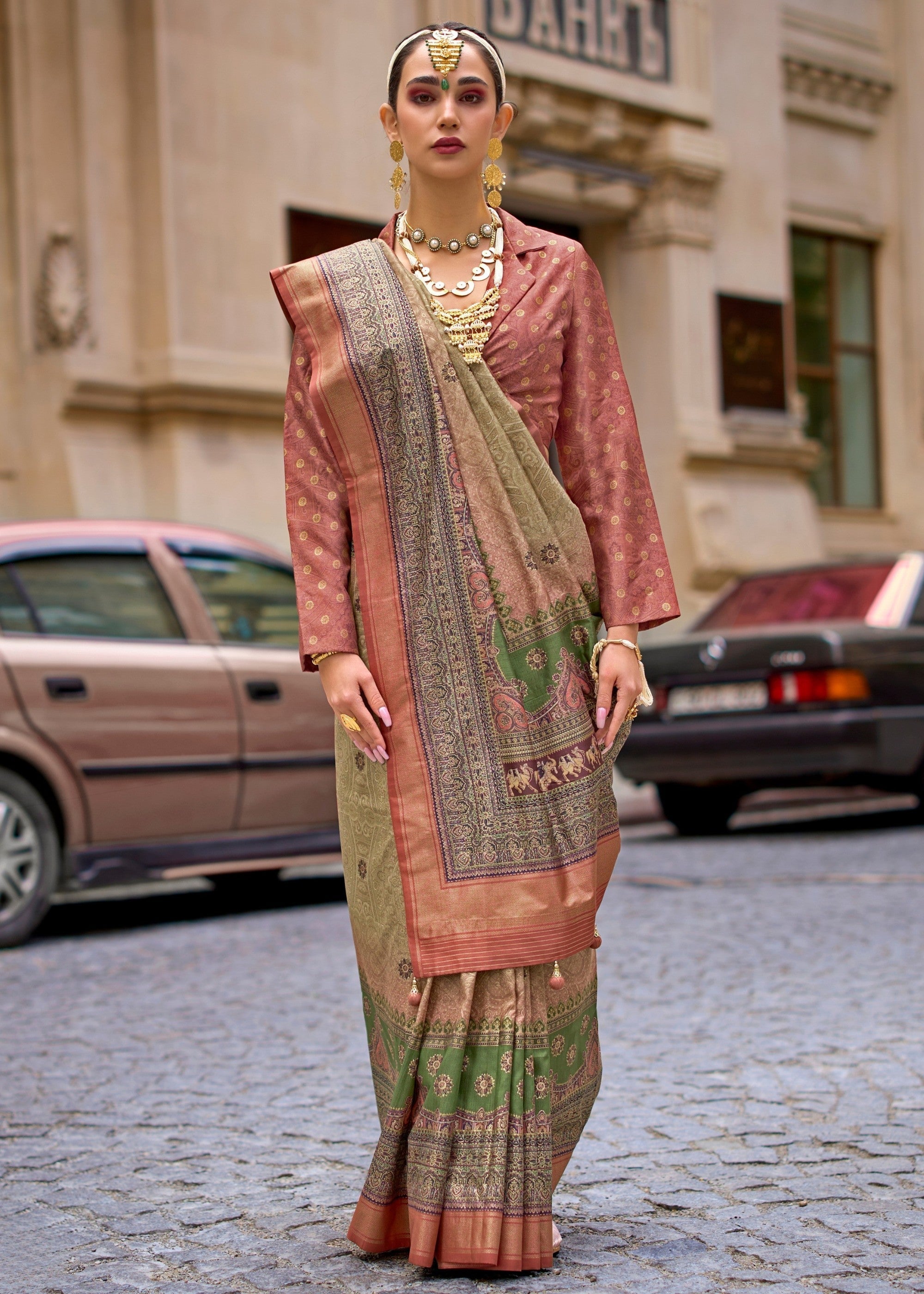 Moss Green Poly Viscose Silk Saree With Foil Print - qivii