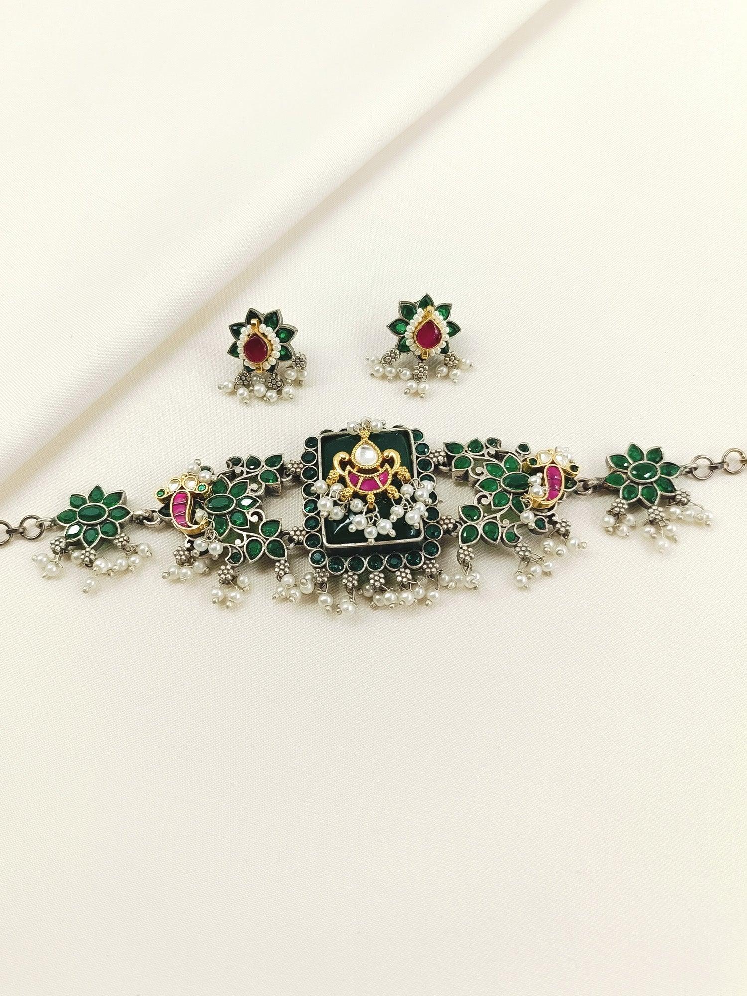 Ahalya Green Oxidized Choker Set