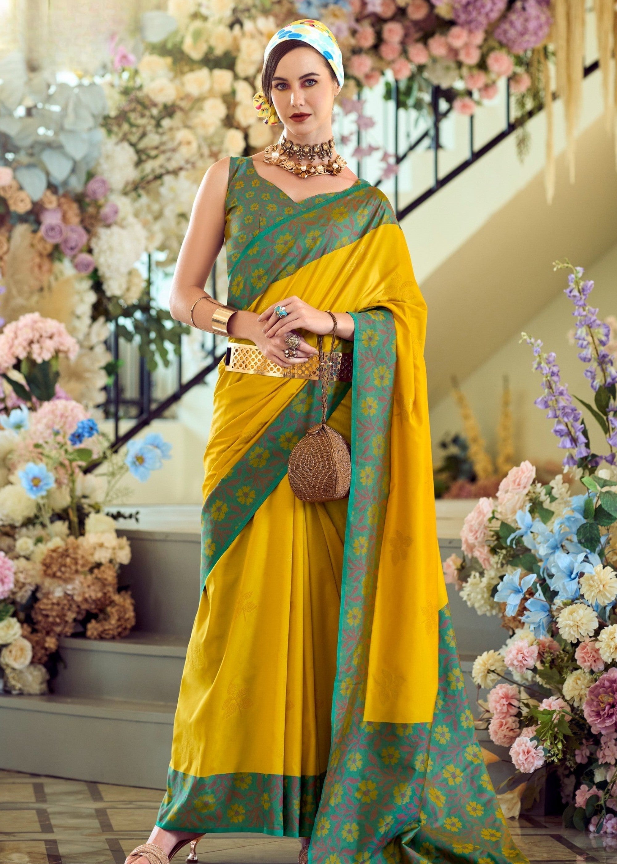 Aureolin Yellow Soft Silk Saree With Ikkat Border - qivii