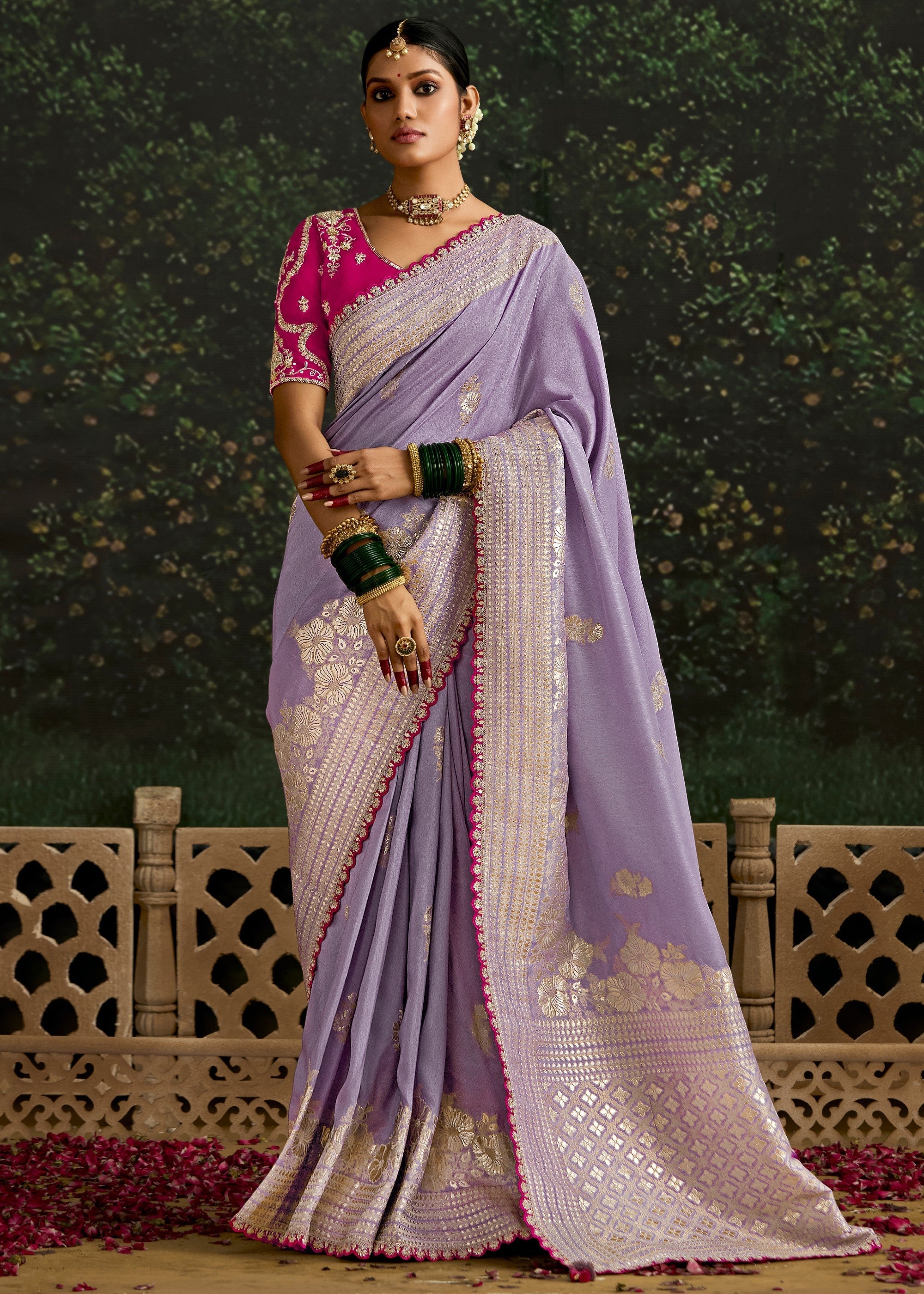 Lavender and Meganta Viscose silk Saree with Zari work - qivii