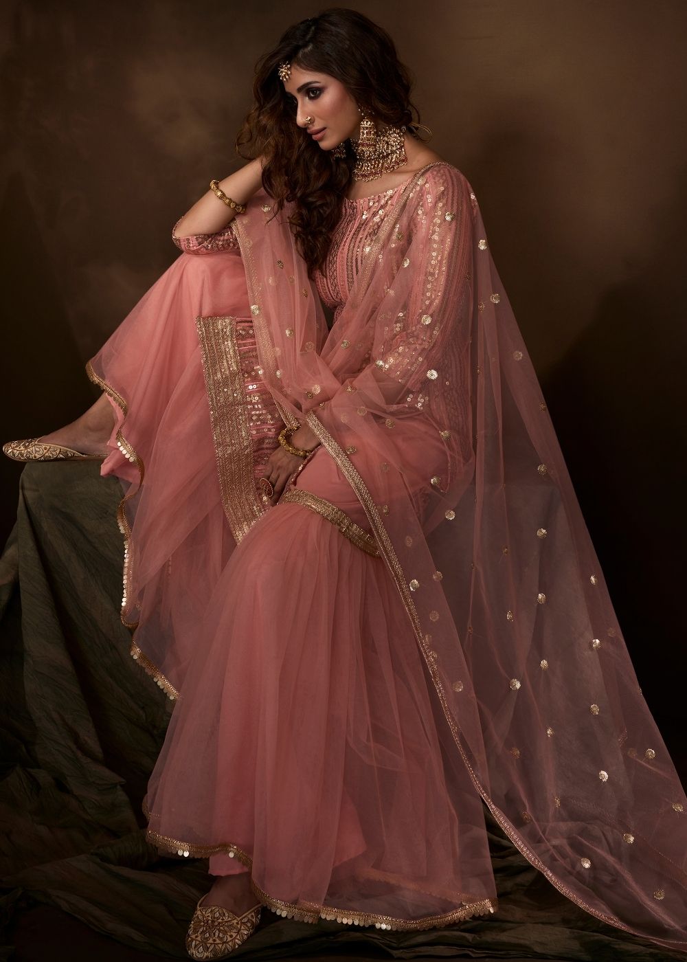 Rouge Pink Designer Soft Net Sharara Suit with Sequin, Thread and Dori work - qivii