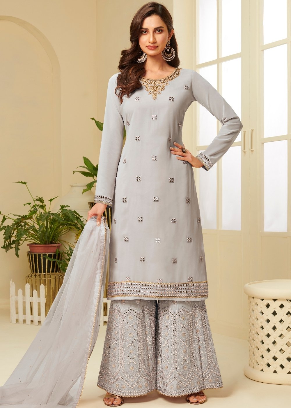 Cloud Grey Georgette Sharara Suit with Gota work & Embroidery - qivii