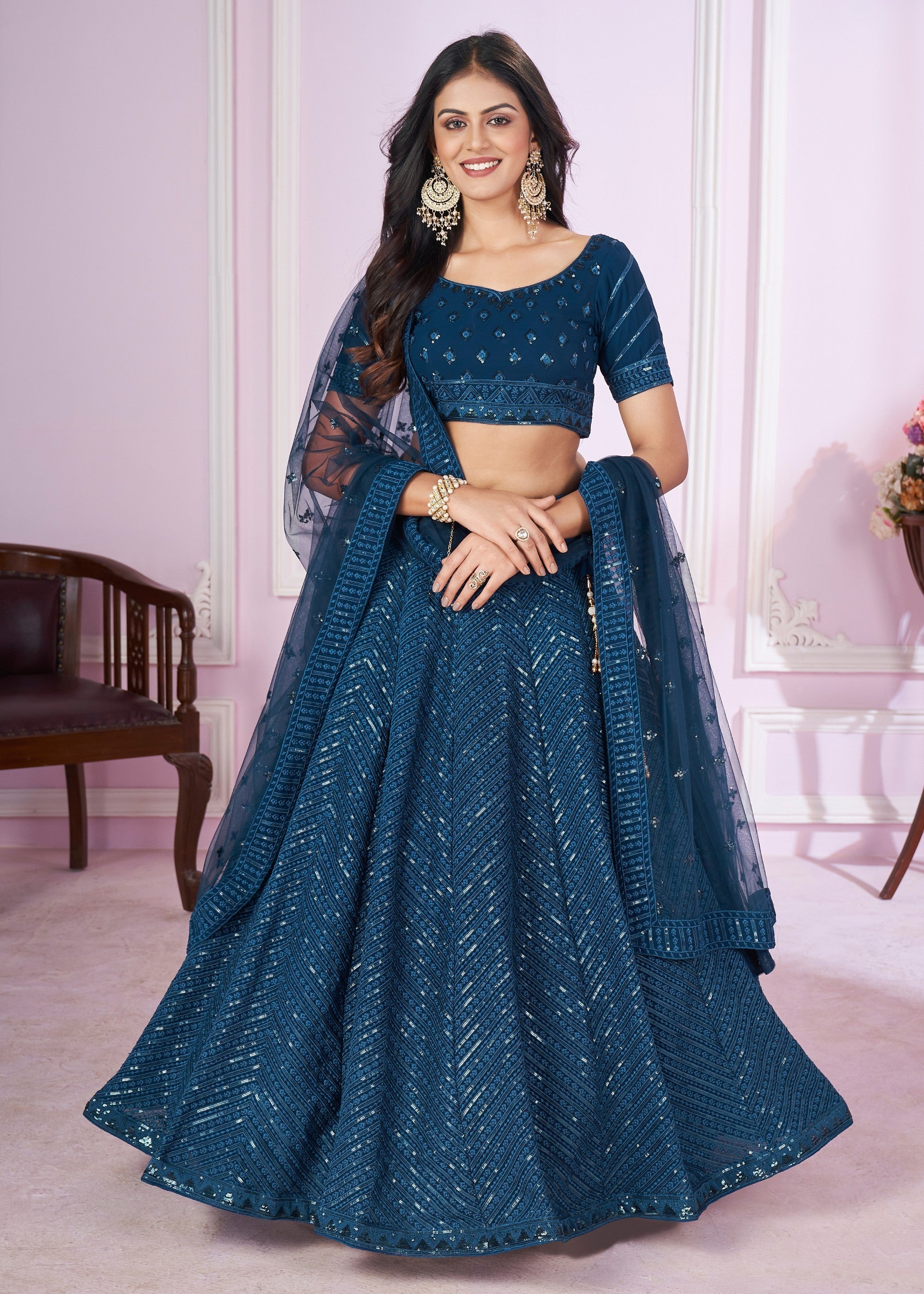 Teal Blue Georgette Lehenga Choli With Sequins And Thread Embroidery Work | Ready To Wear - qivii