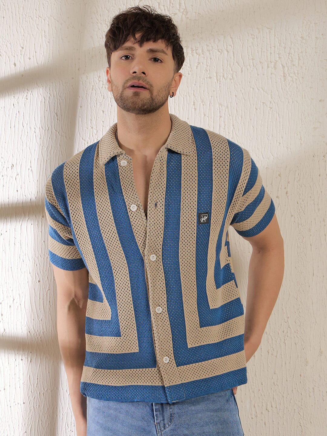 Beige & Blue Striped Crochet Knitted Shirt - qivii
