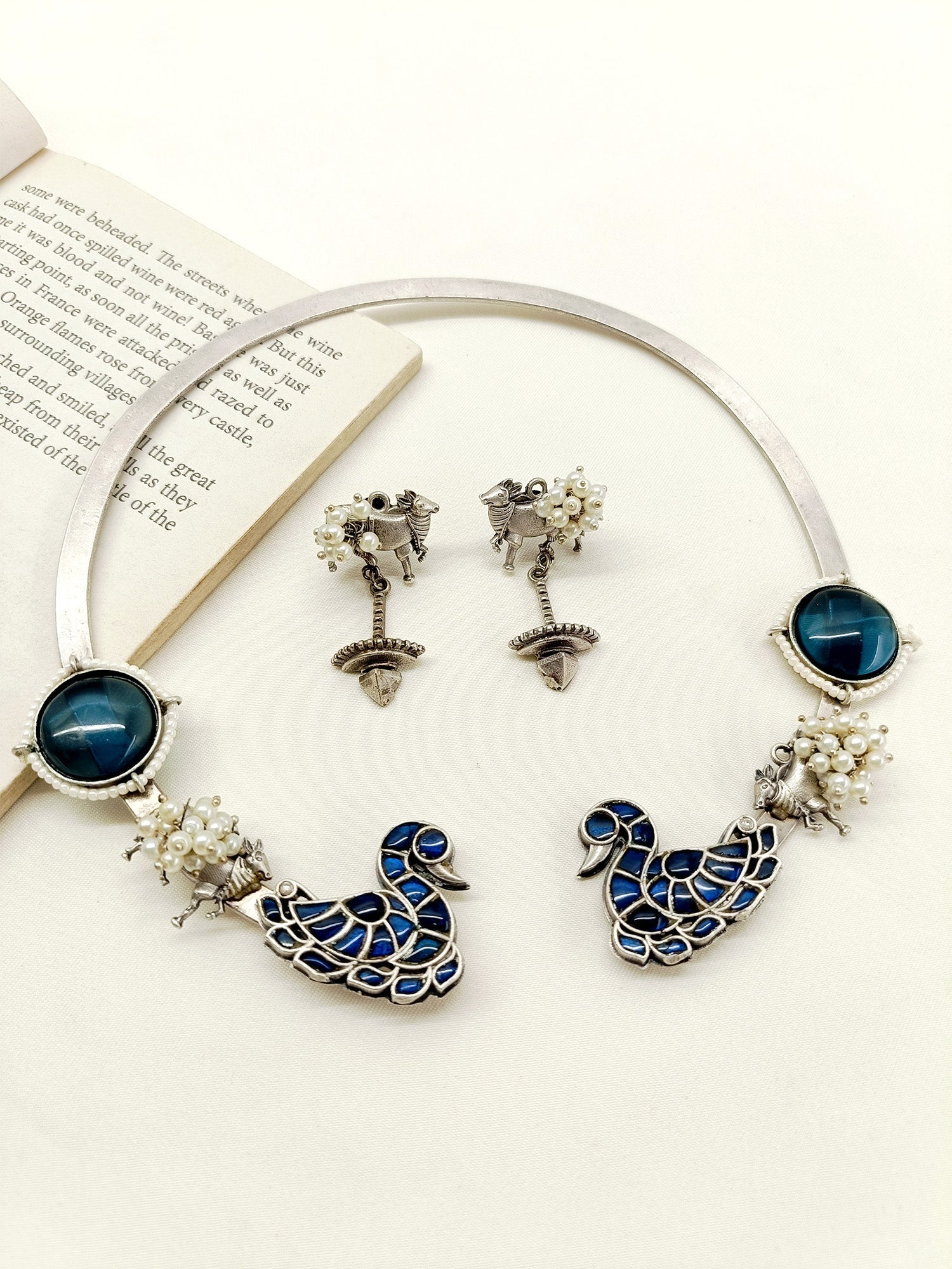 Shumaila Blue Peacock Oxidized Hasli Style Necklace Set - qivii