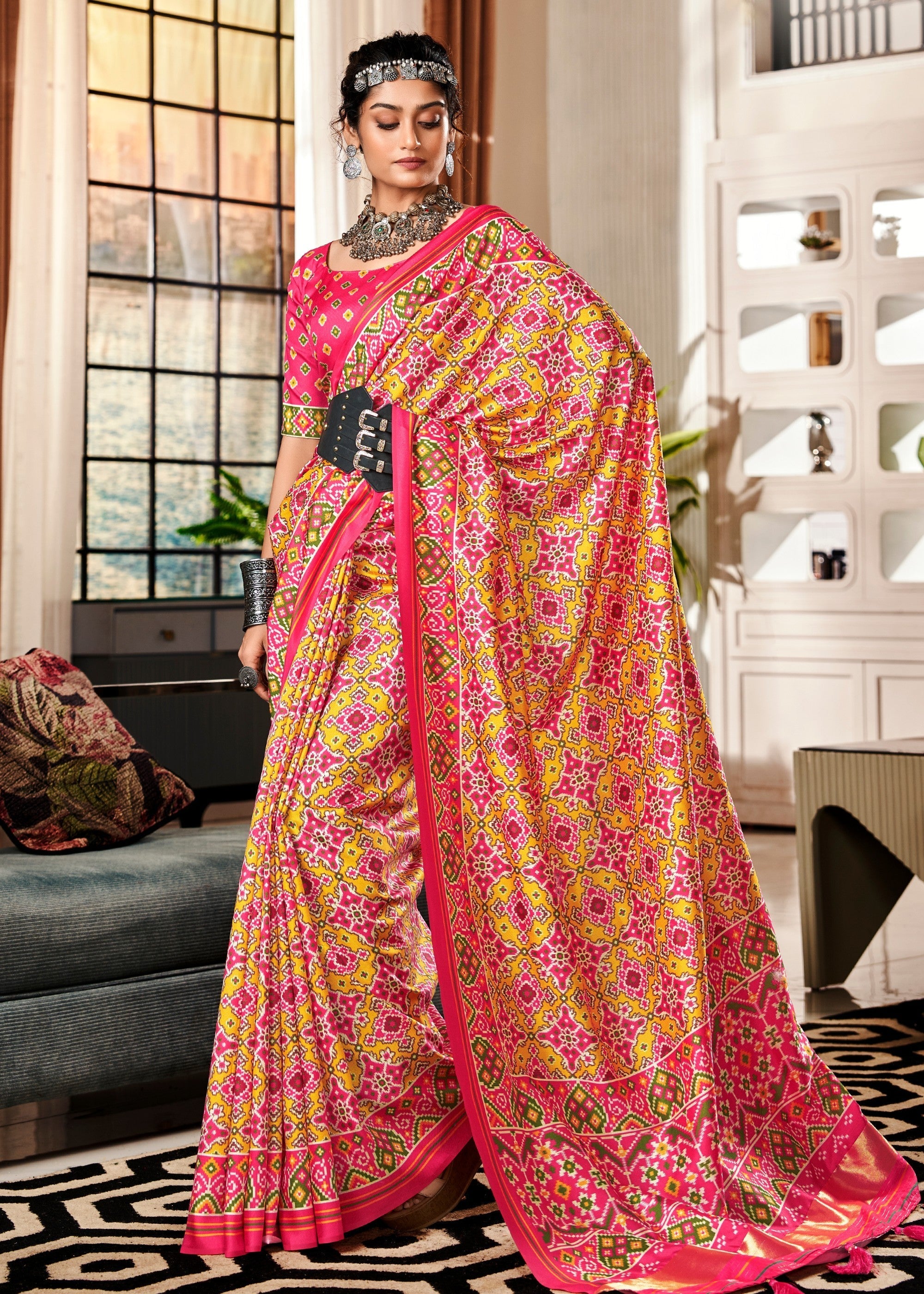 Canary Yellow & Pink Tussar Silk Saree With Beautiful Patola Print - qivii