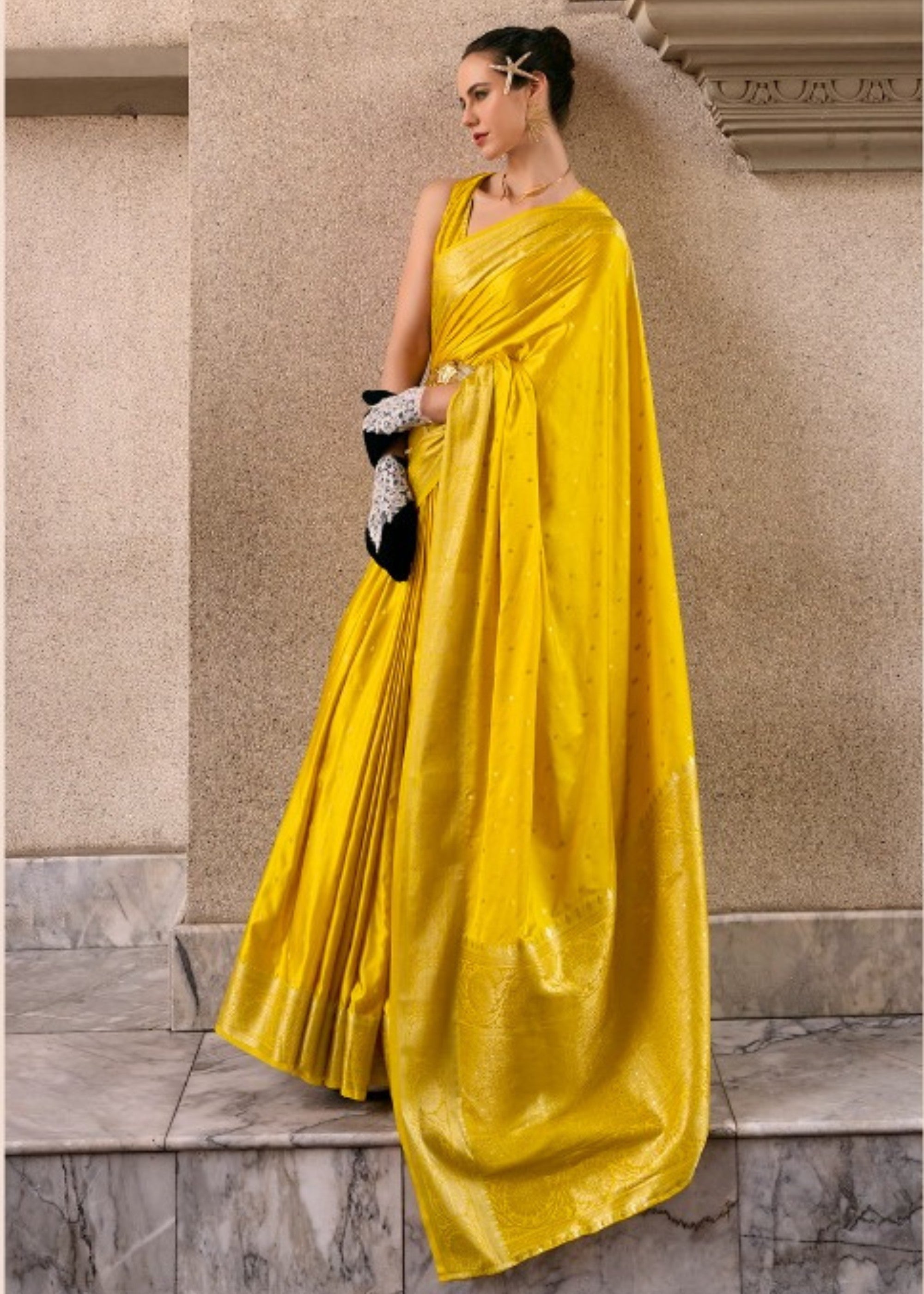 Canary Yellow Satin Mungha Silk Saree : Top Pick - qivii