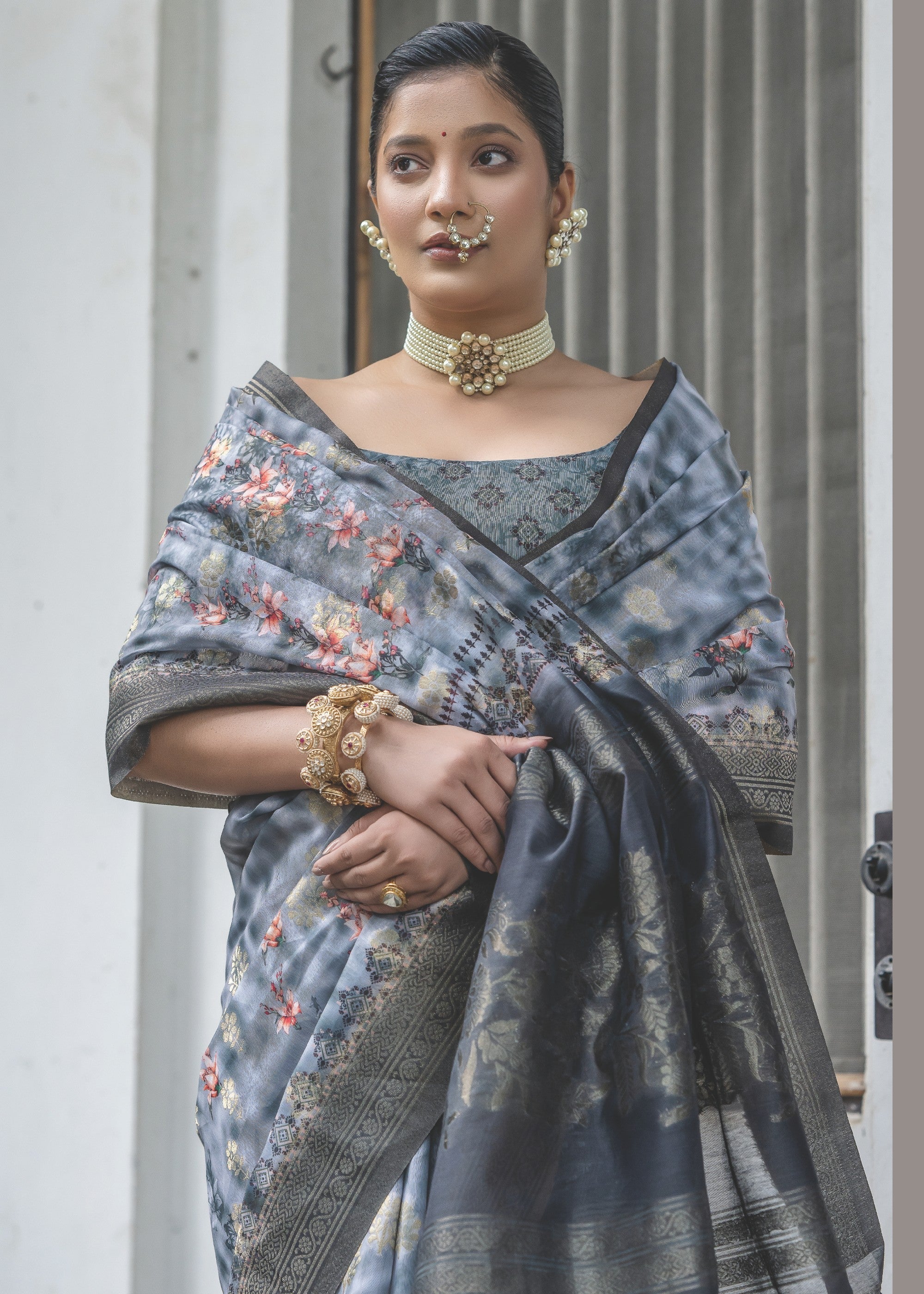 Pigeon Blue Woven Silk Saree - qivii