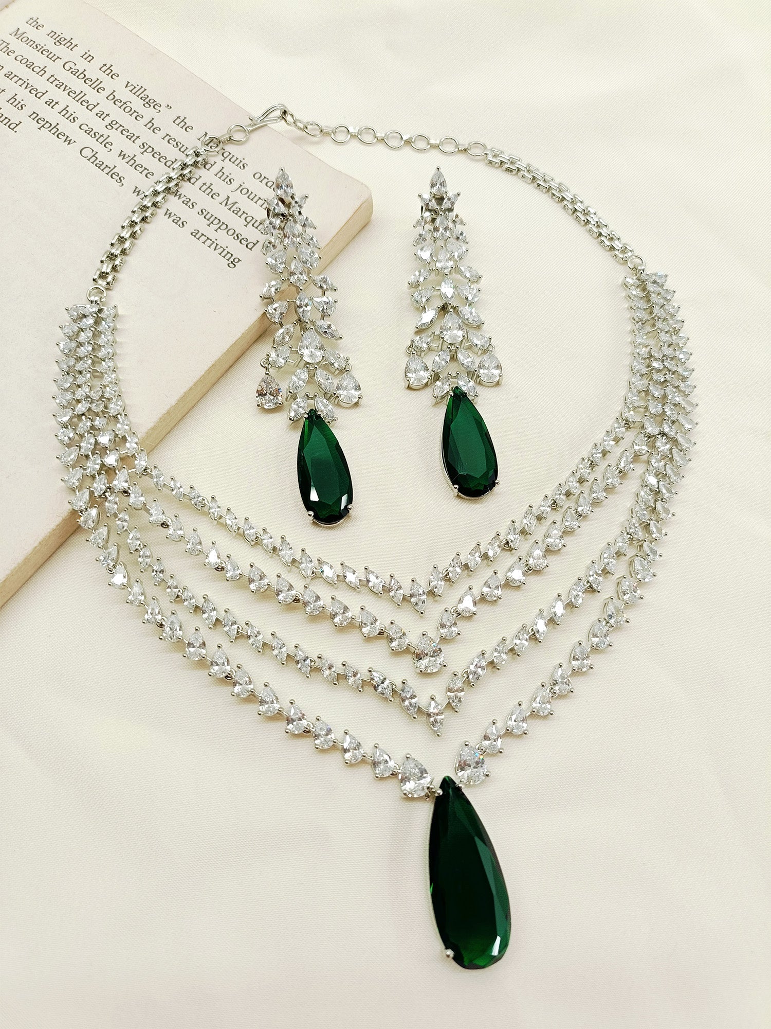 Amrisha Green American Diamond Necklace Set with Silver Plated Brass Metal Chain and Sparkling American Diamonds, perfect for any occasion, adding glamour and sophistication to any outfit, crafted with high-quality materials, durable and eye-catching