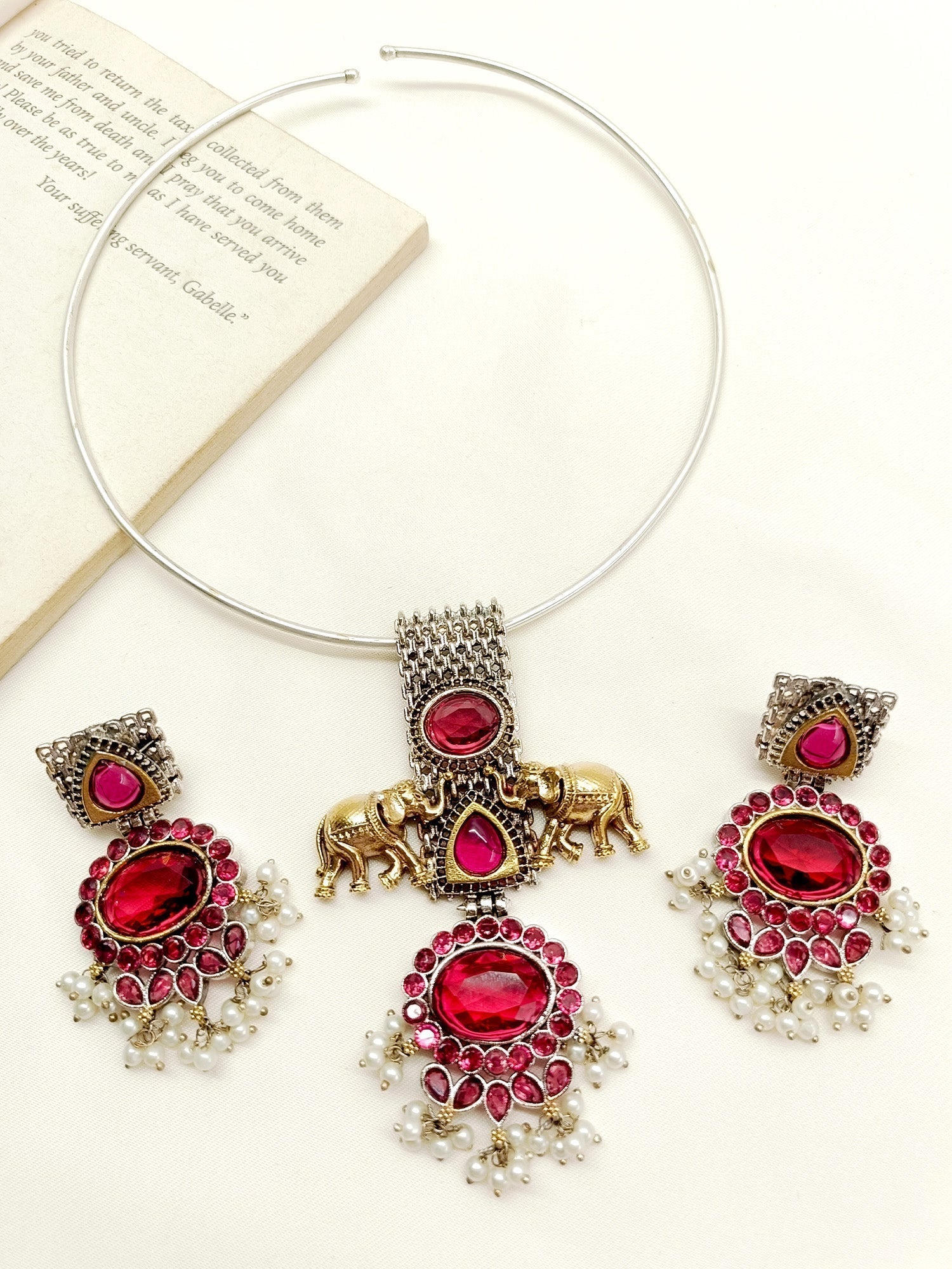 Dinal Maroon Elephant Oxidized Hasli Style Necklace Set - qivii