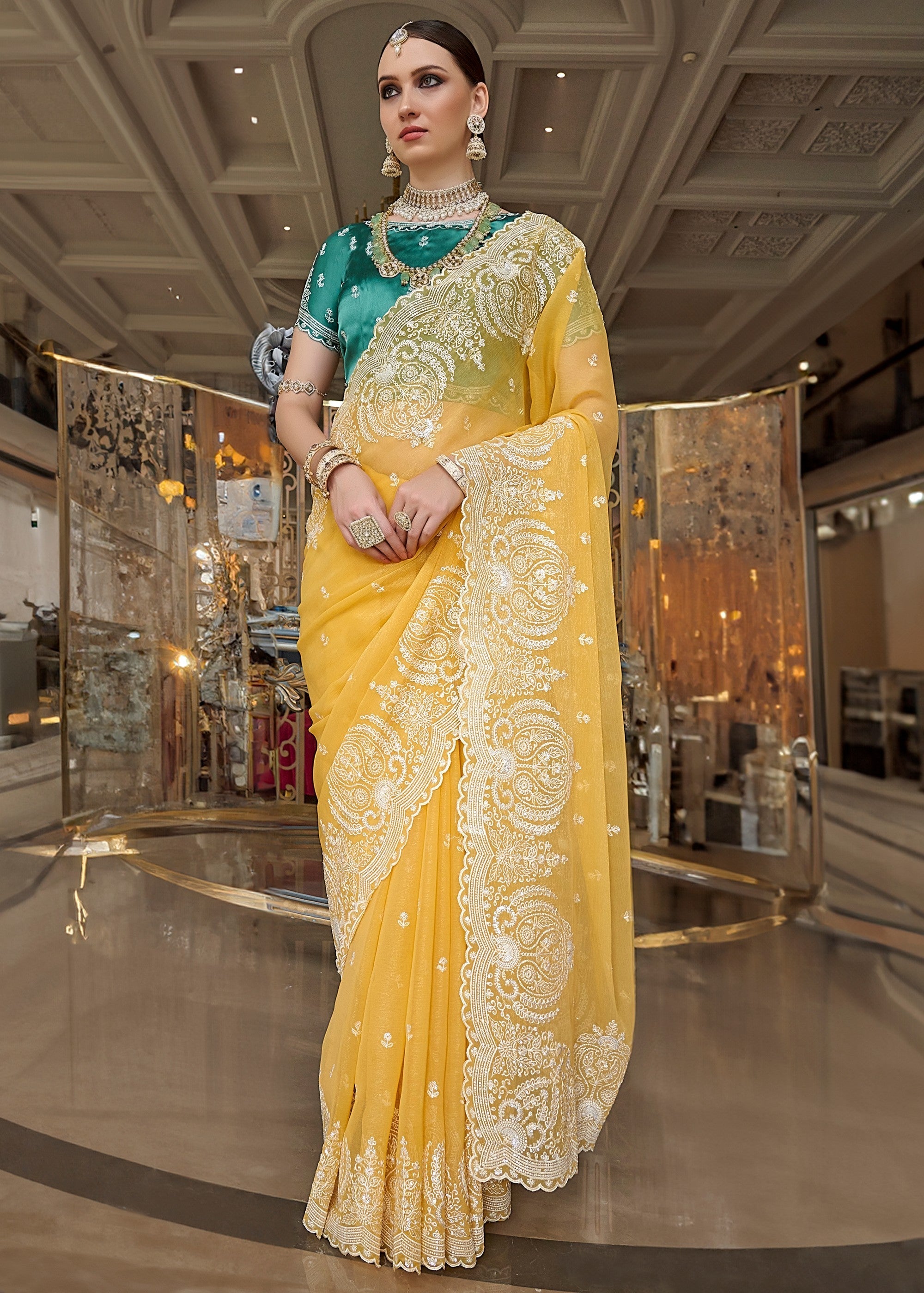 Cadium Yellow Fancy Tissue Saree With Unique Work And Designer Blouse - qivii