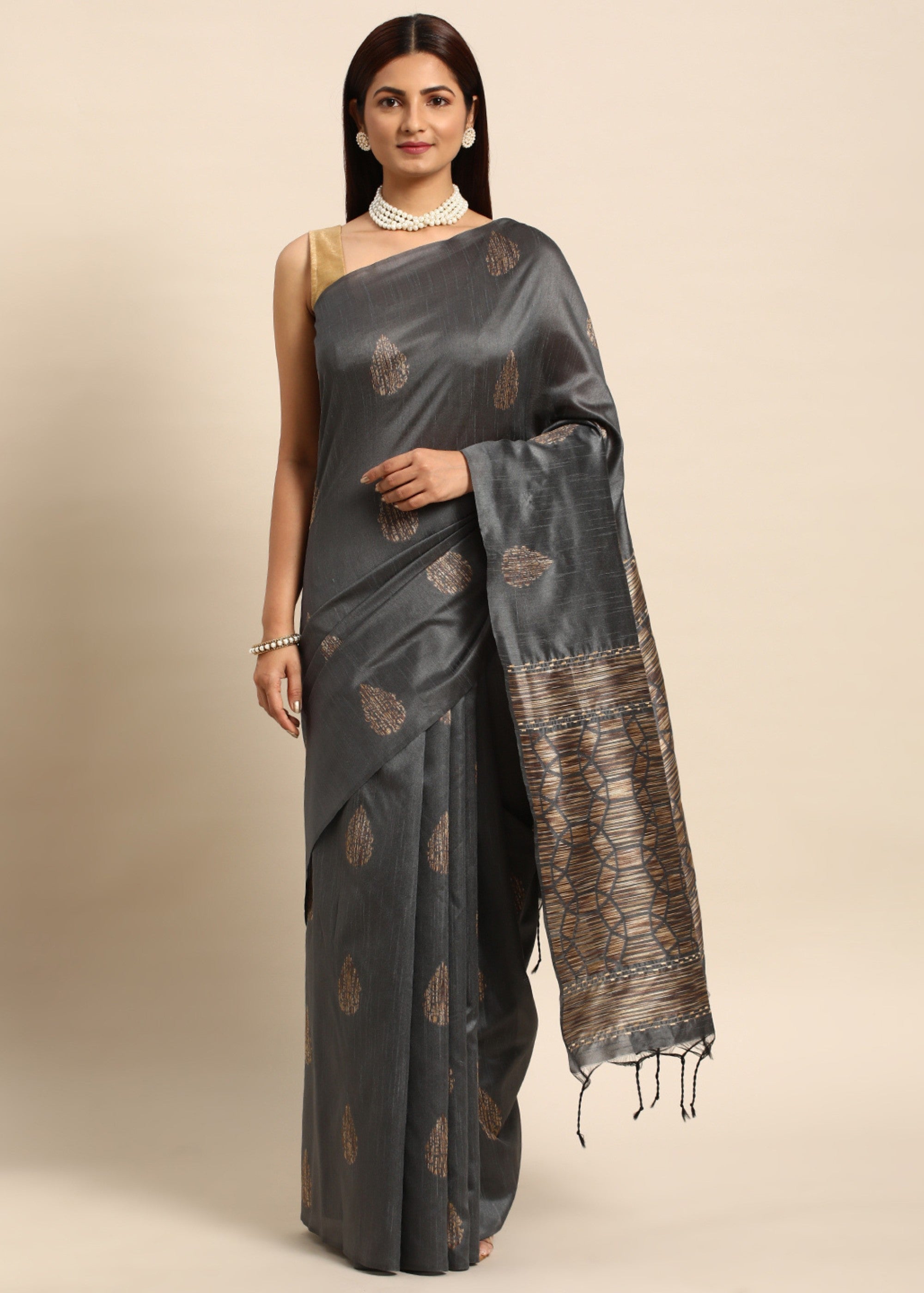 Shadow Grey Woven Handloom Raw Silk Saree - qivii