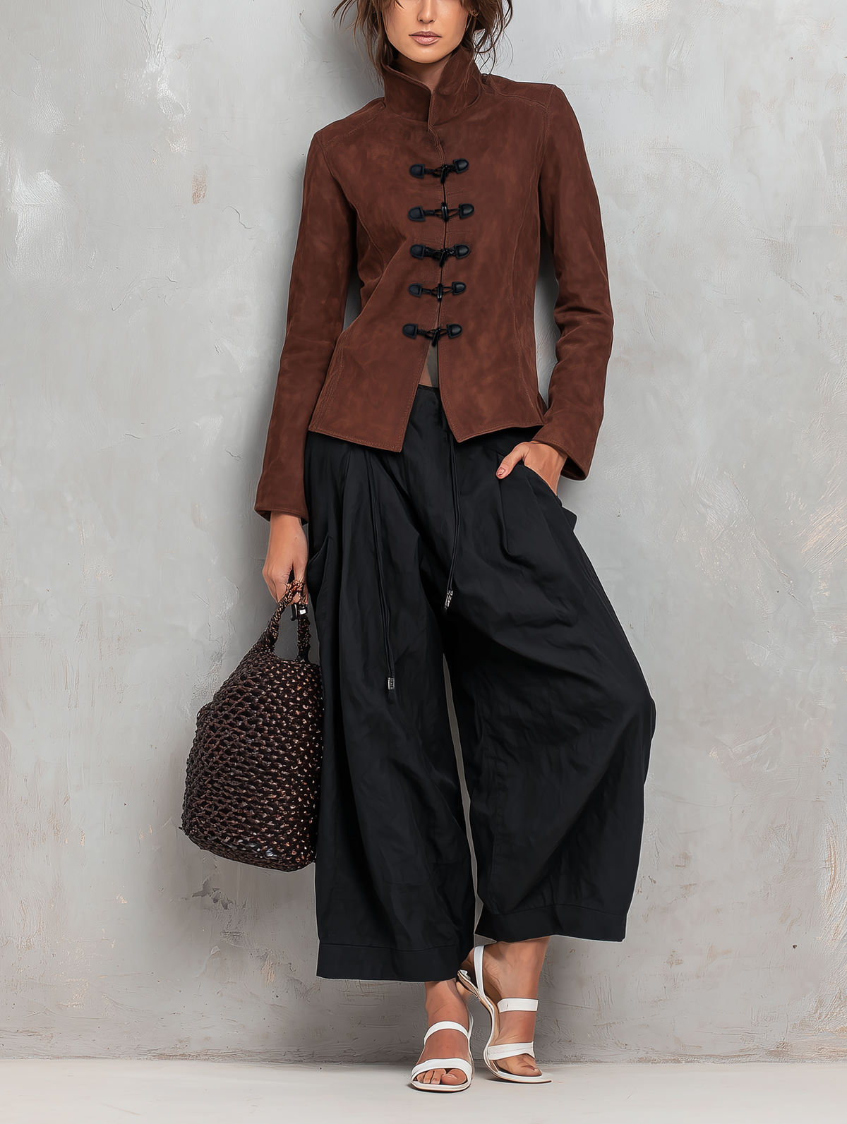 Women's Casual Black Woven Cropped Trousers MDZ2934G5LXY