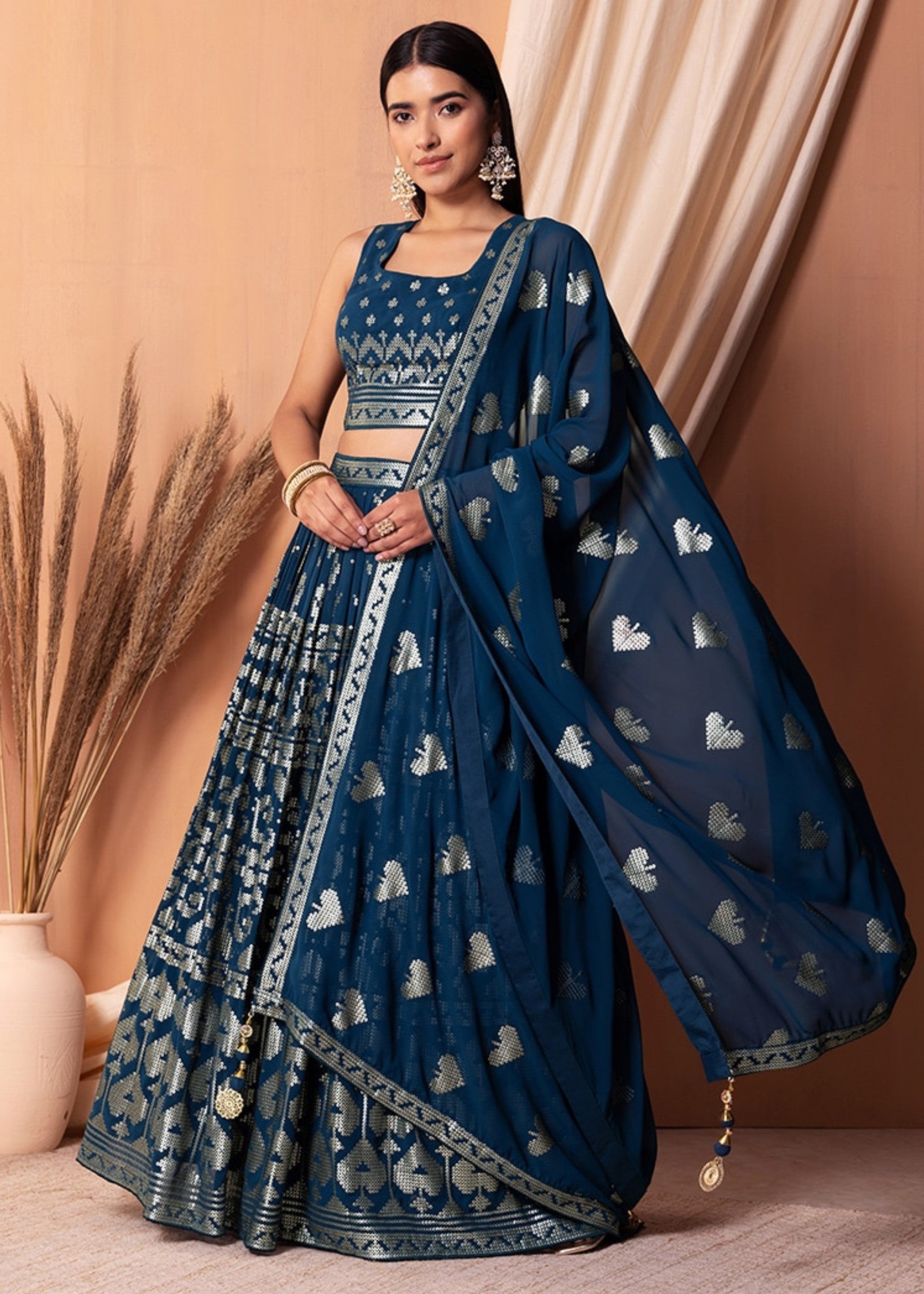 Royal Blue Georgette Lehenga Choli With Sequins And Thread Embroidery Work | Ready To Wear - qivii