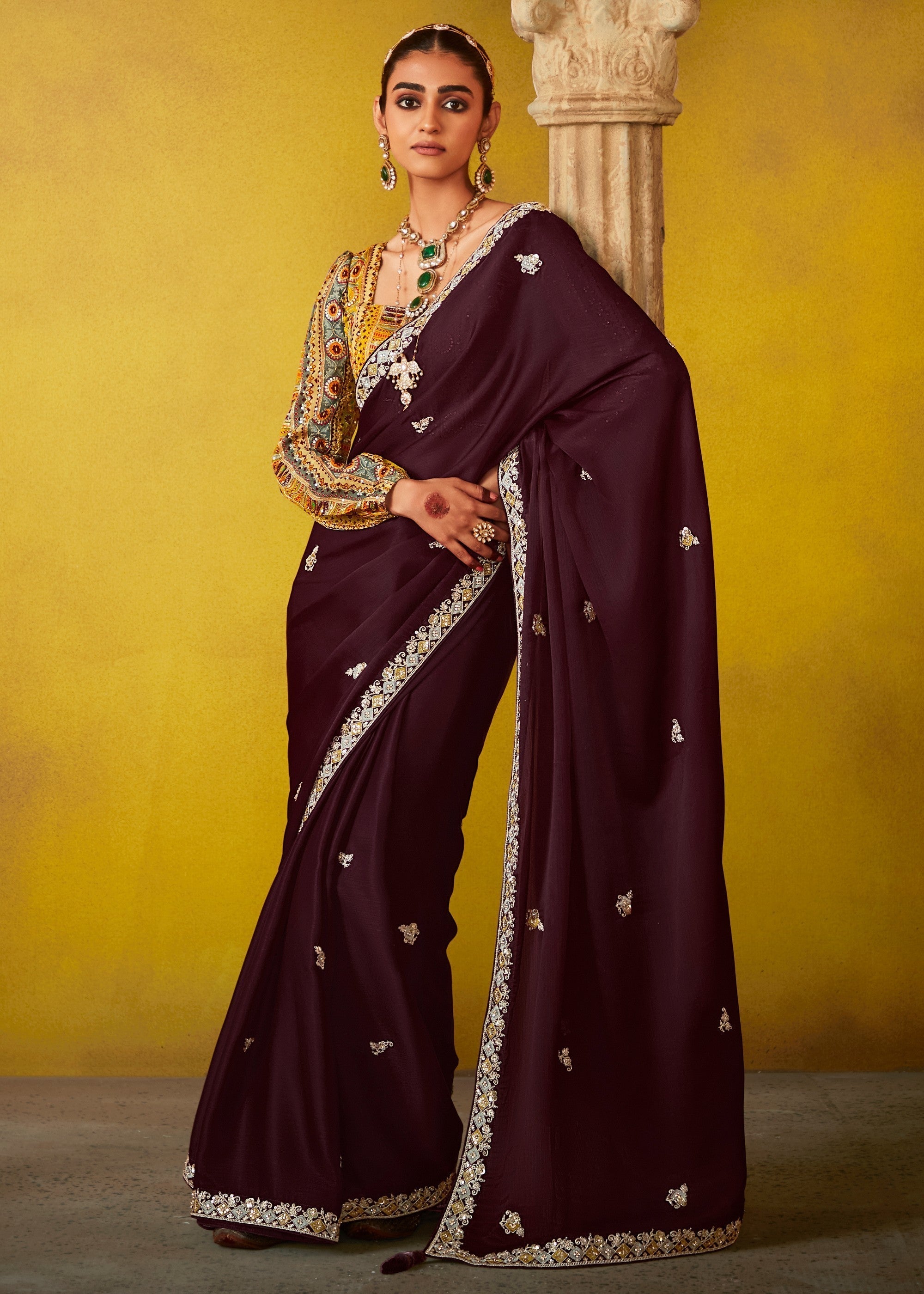 Mulberry Purple Glass Tissue Silk Saree With Sequins And Thread Embroidered Work - qivii