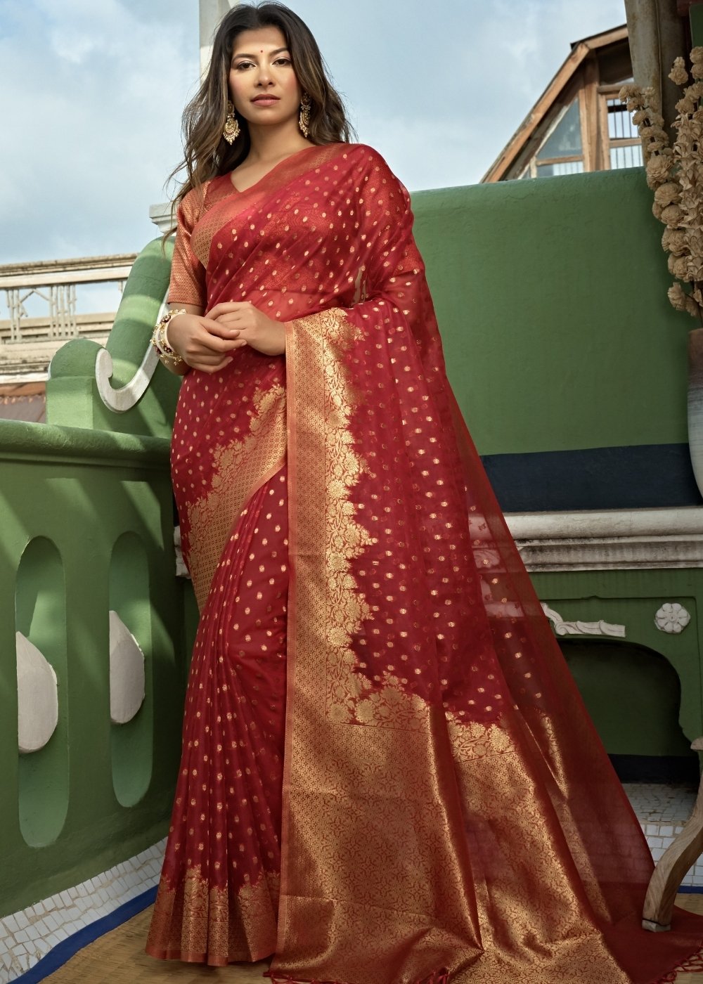 Berry Red Zari Woven Organza Silk Saree - qivii