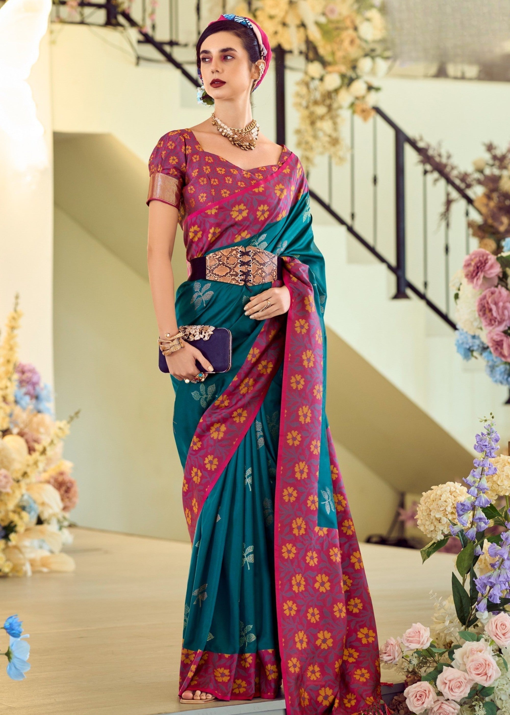 Teal Green Soft Silk Saree With Ikkat Border - qivii