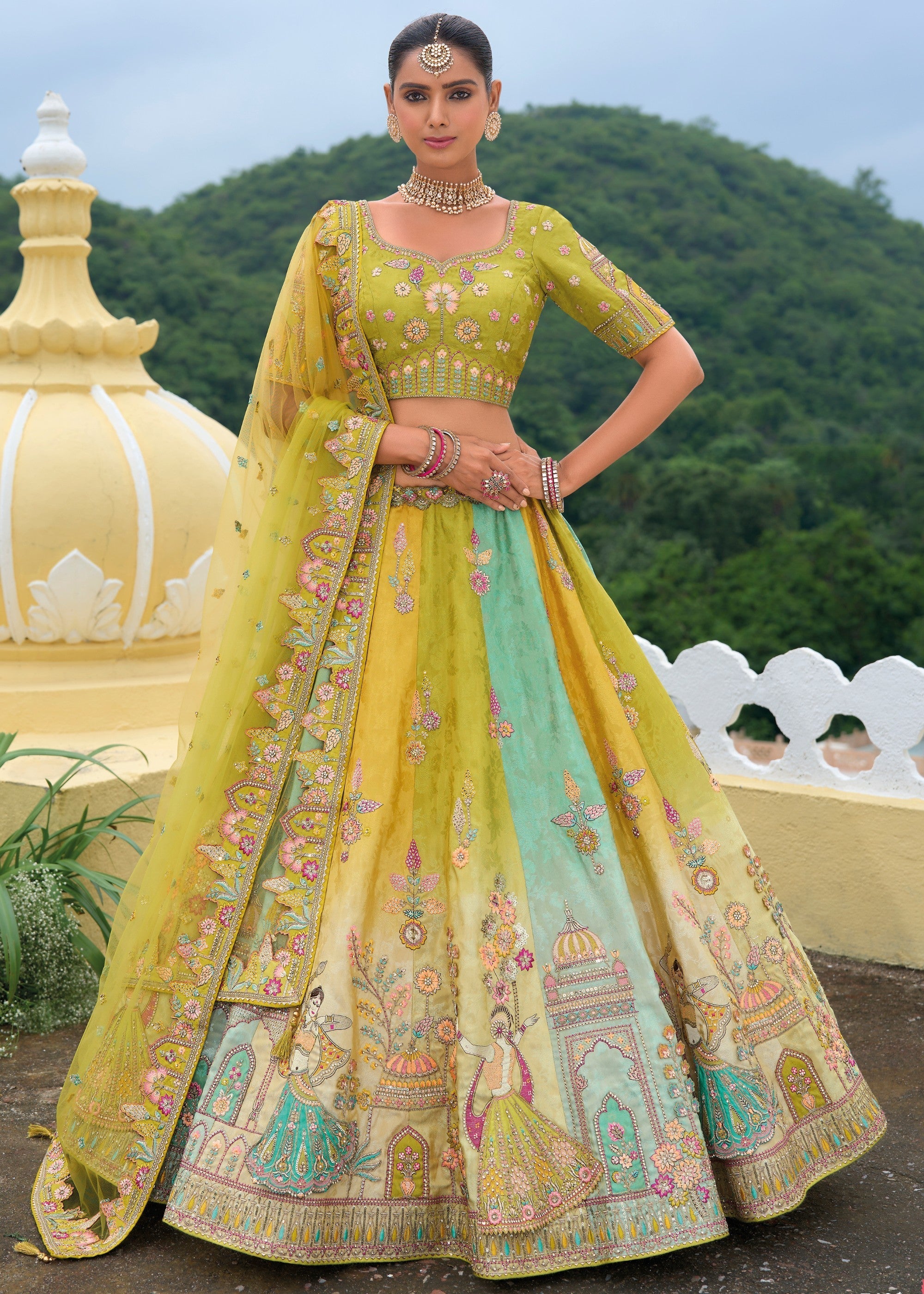 Lime Green Banarasi Silk Lehenga With Heavy Embroidery Work | Ready To Wear - qivii