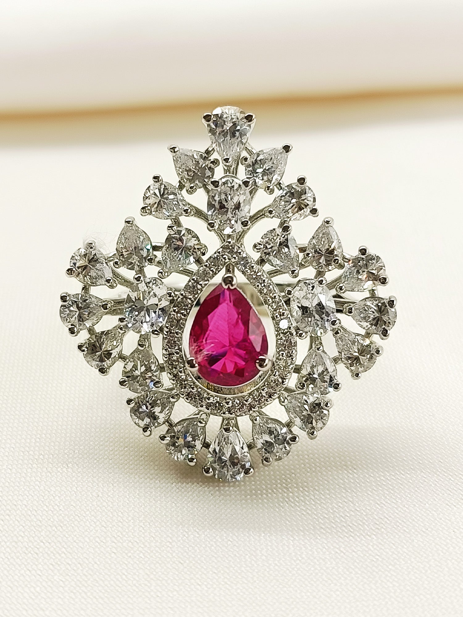 Evita Ruby 92.5 Silver American Diamond Finger Ring - qivii