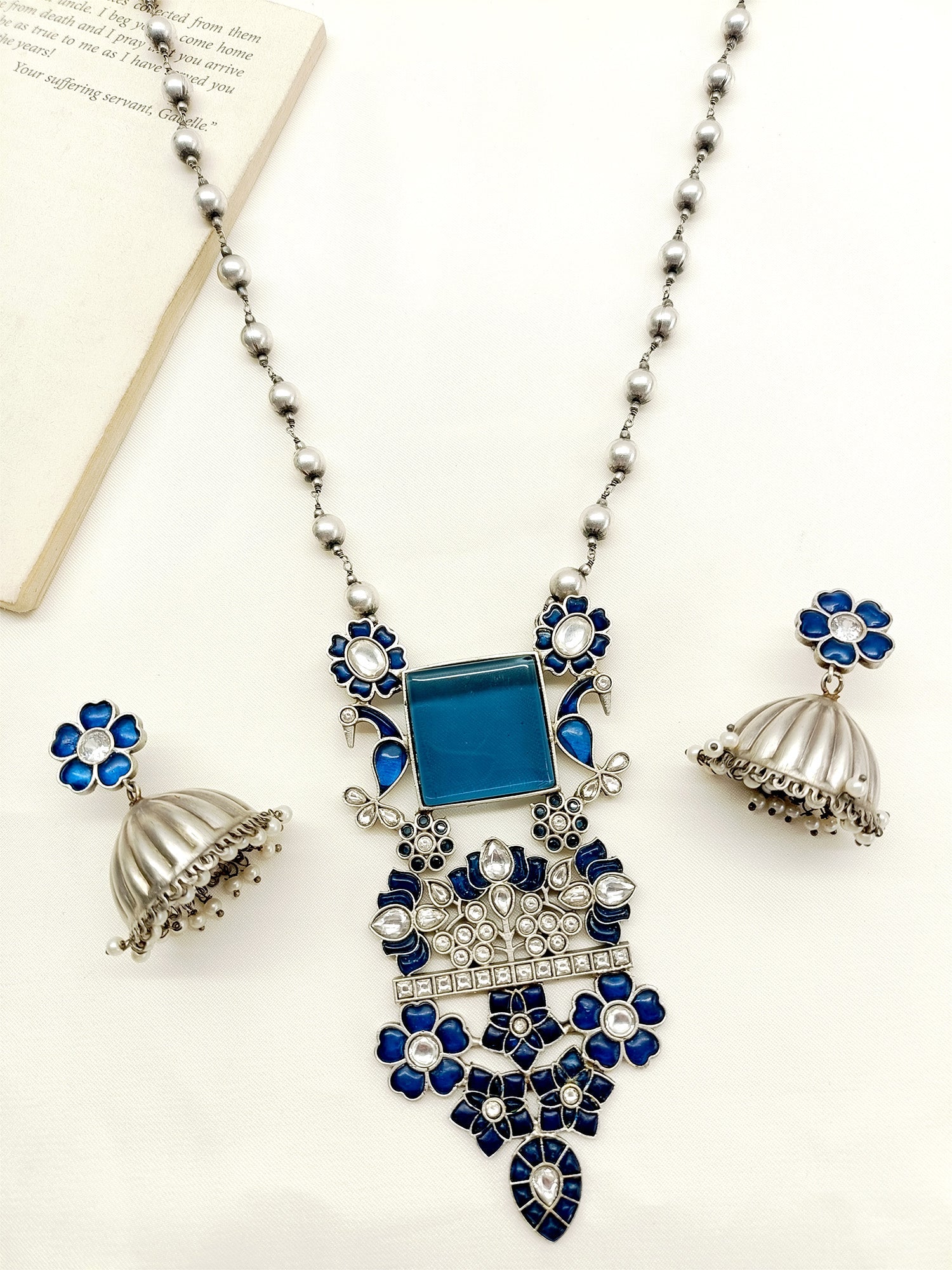 Gureza Navy Blue German Silver Oxidized Pendant Set - qivii