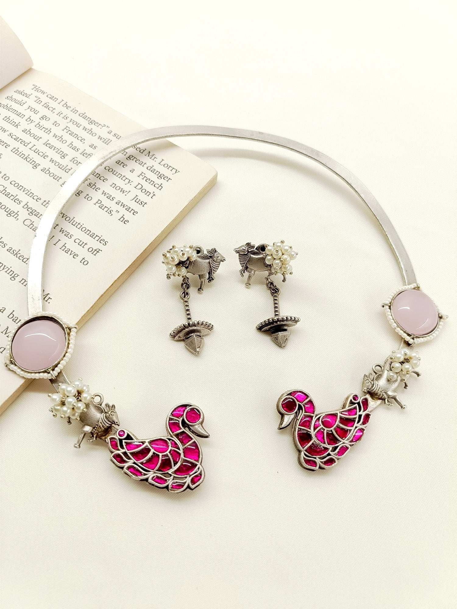 Tamina Majenta Peacock Oxidized Hasli Style Necklace Set - qivii