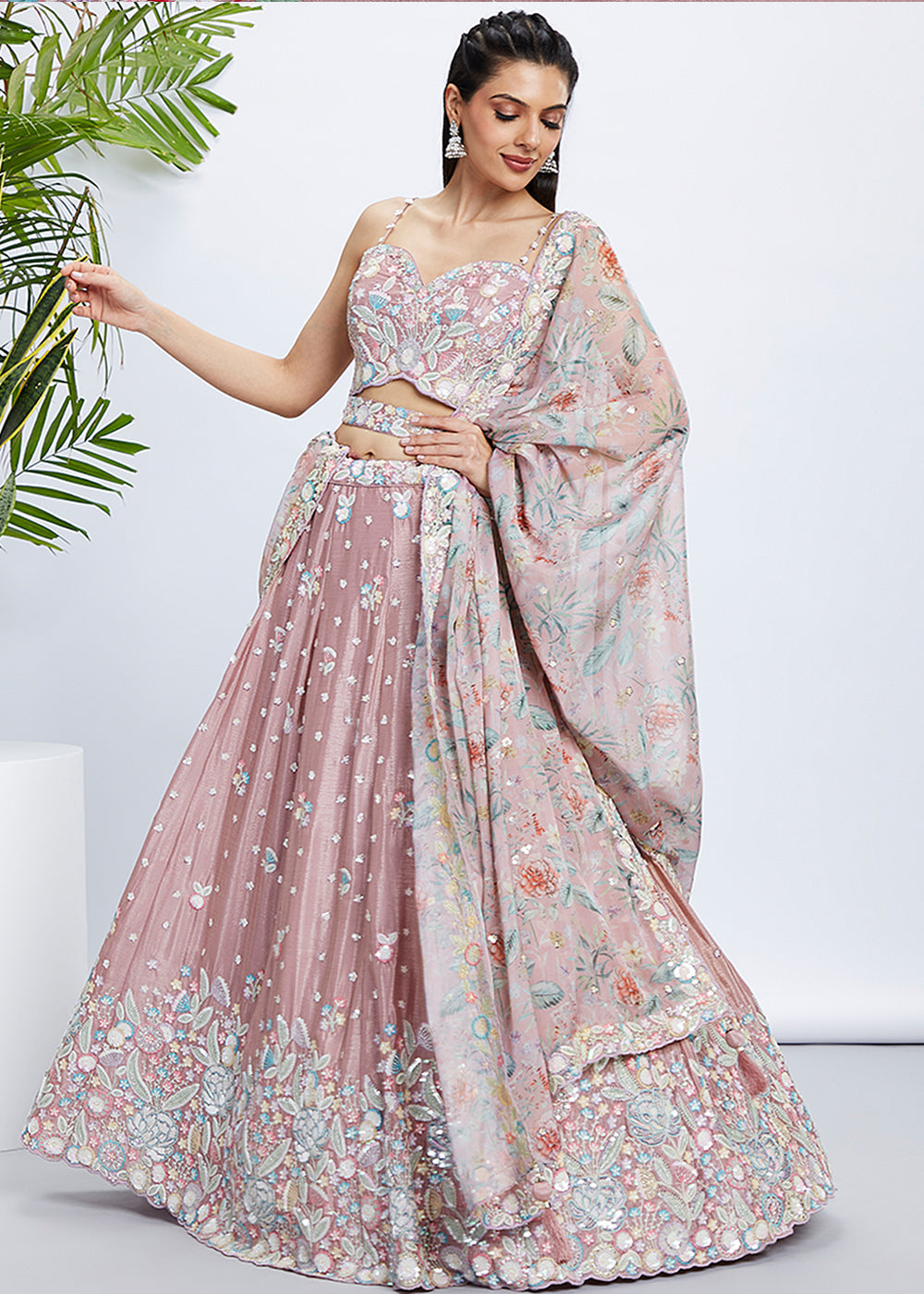 Rose Gold Chiffon Lehenga Choli with Sequins & Thread Embroidery work | Ready To Wear - qivii
