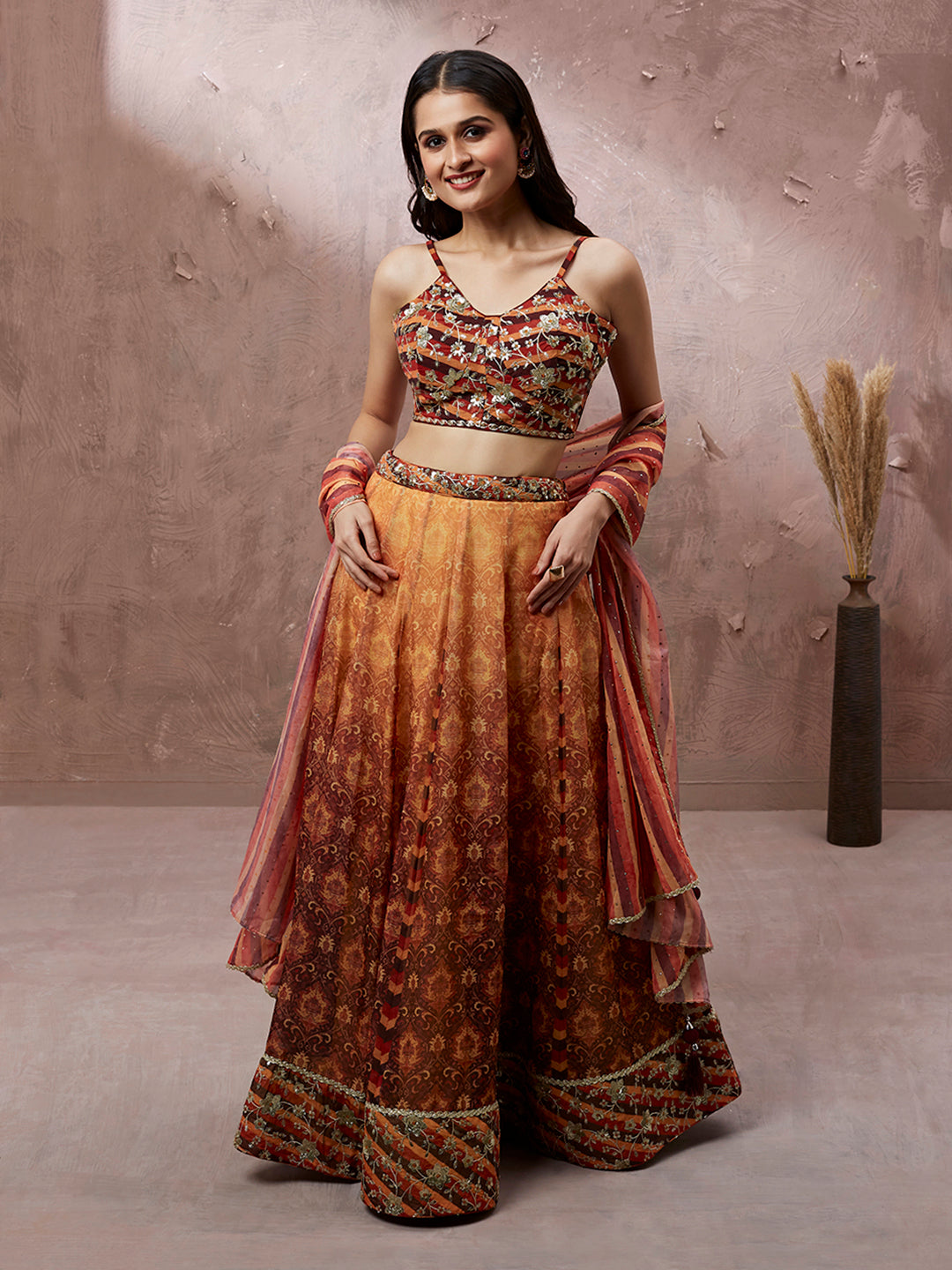 Brown Organza Floral Print and sequinse work Semi-Stitched Lehenga choli - qivii