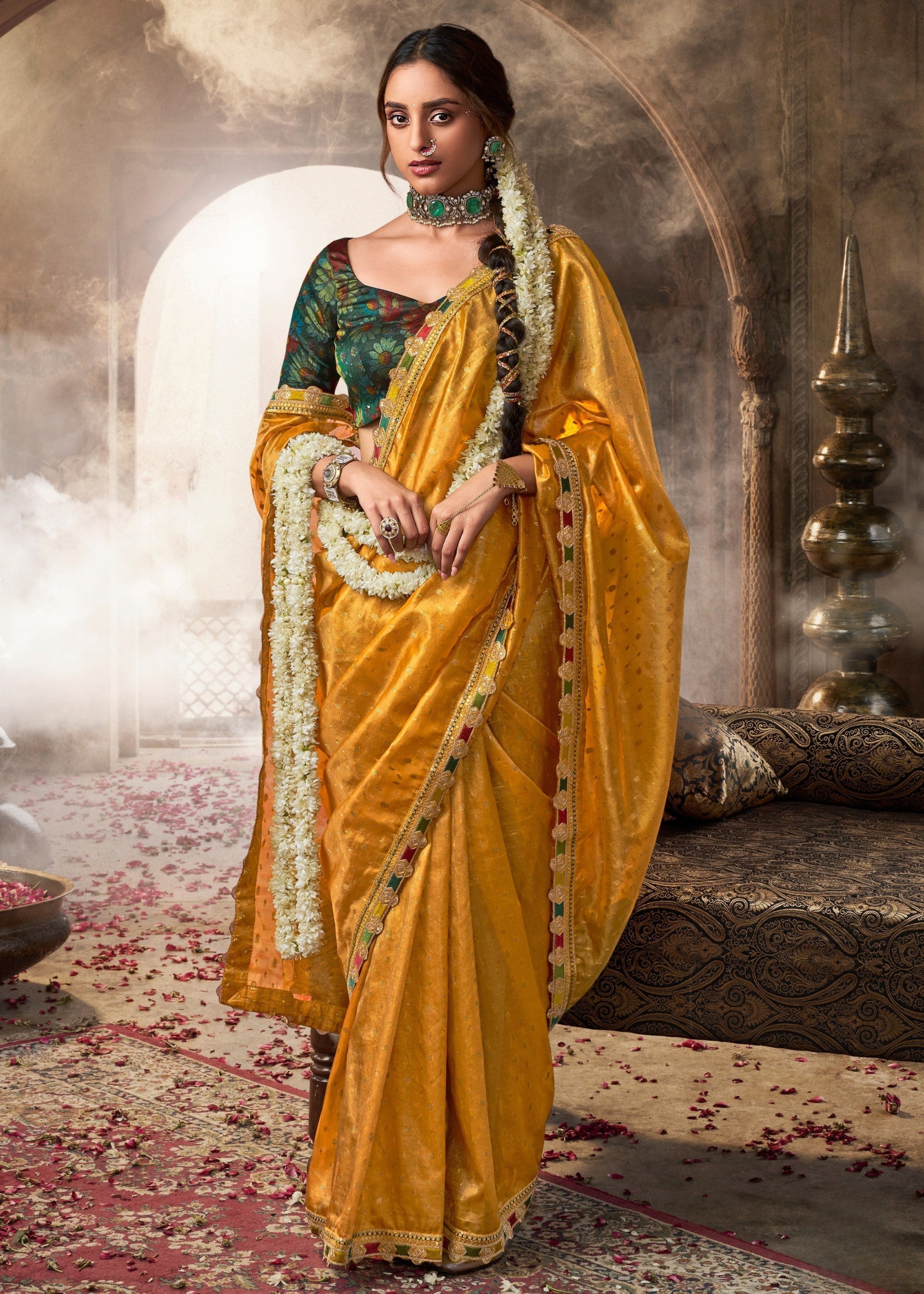 Tuscany Yellow Tissue Silk Saree With Multicolored Lace & Designer Blouse - qivii