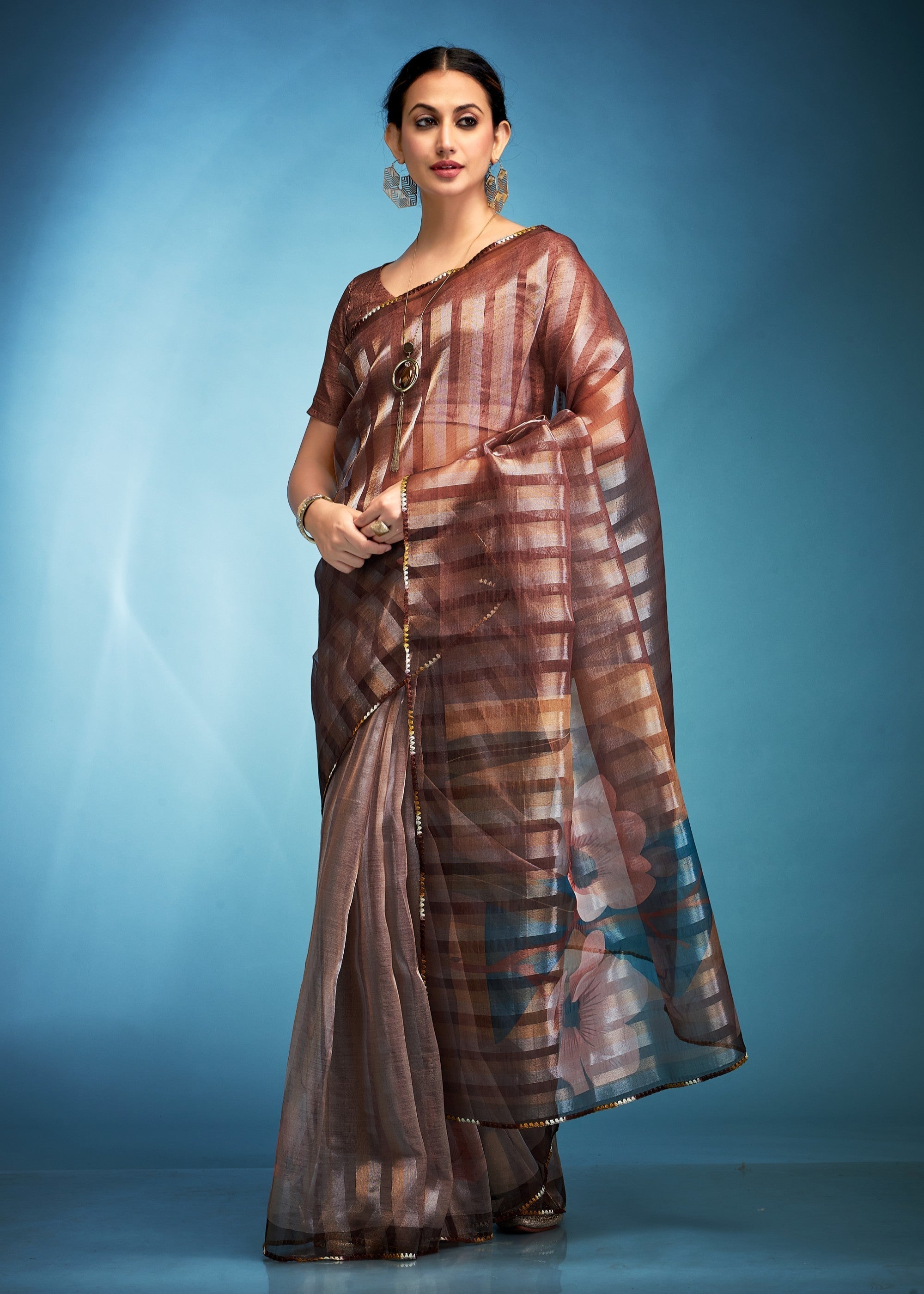 Bronze Brown Tissue Silk Saree With Floral Print - qivii