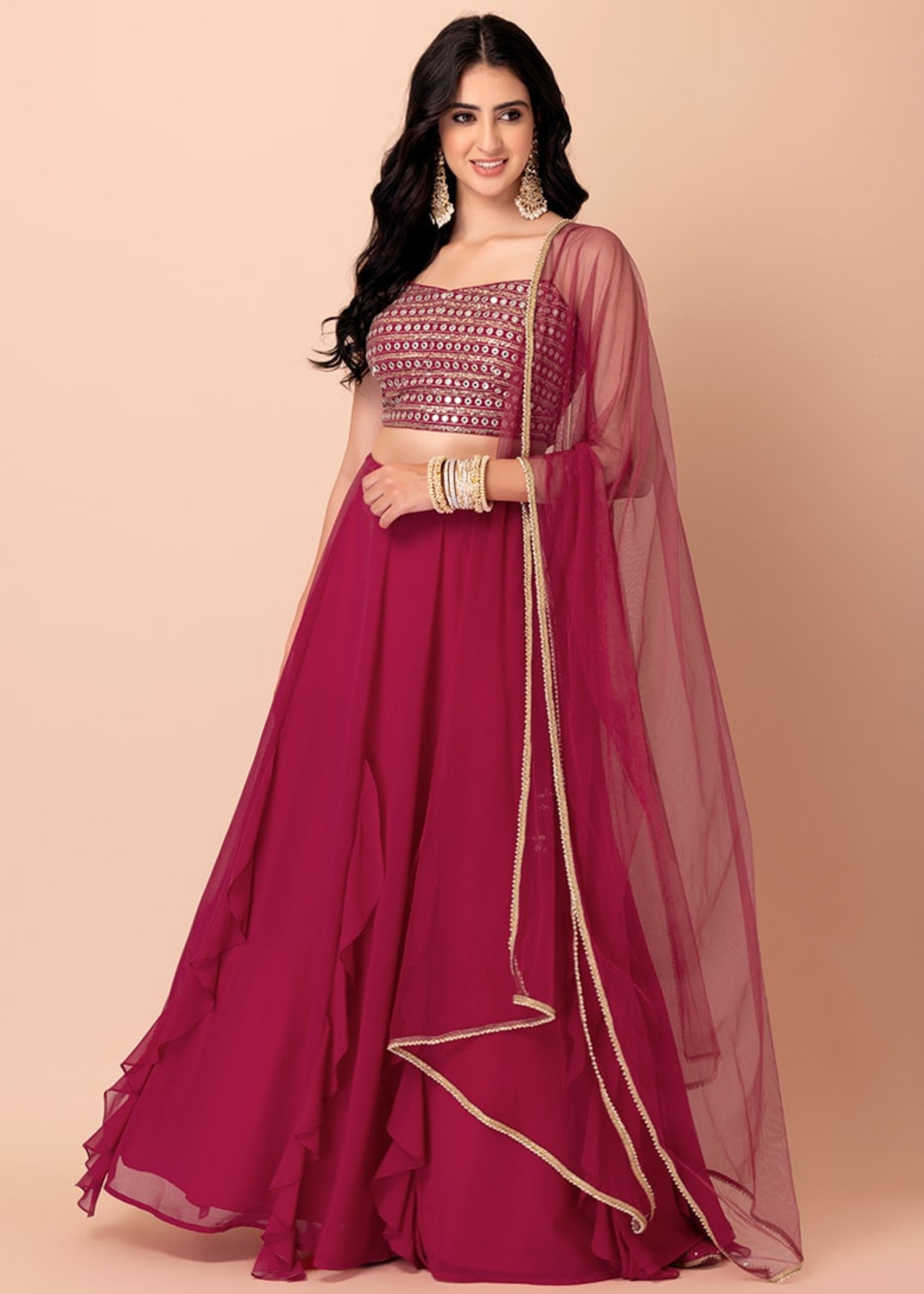 Raspberry Pink Georgette Lehenga Choli With Sequins And Thread Embroidery Work | Ready To Wear - qivii