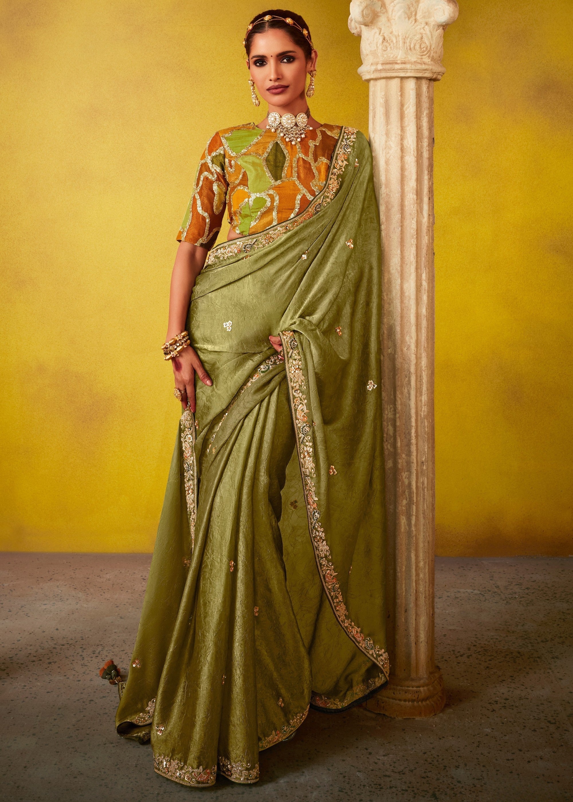 Olive Green Glass Tissue Silk Saree With Sequins And Thread Embroidered Work - qivii