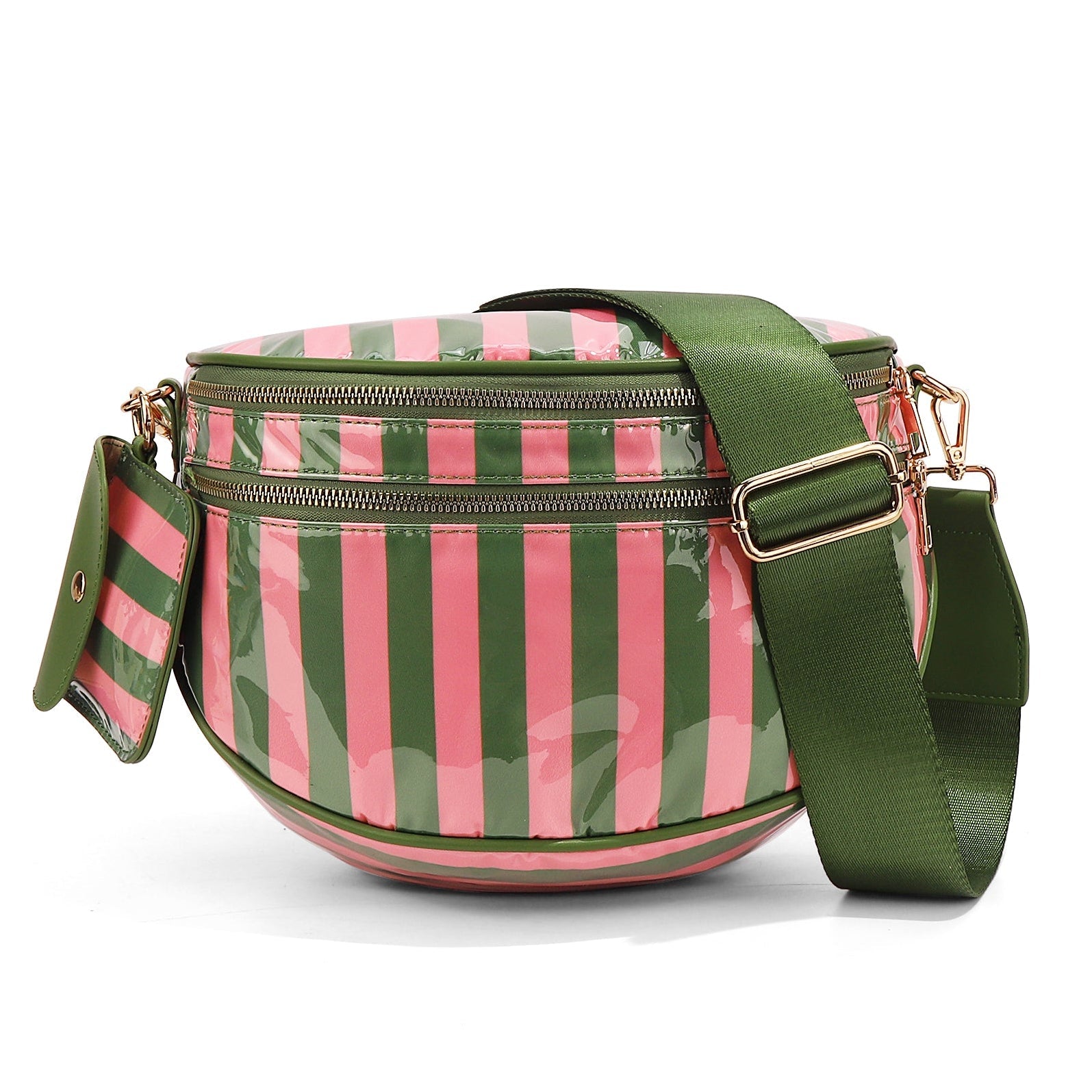 Ounamei Waterproof PVC Striped Crossbody Bum Bag for Women | Pink & Green / Pink & Yellow Nylon Belt Bag for Travel & Everyday Use