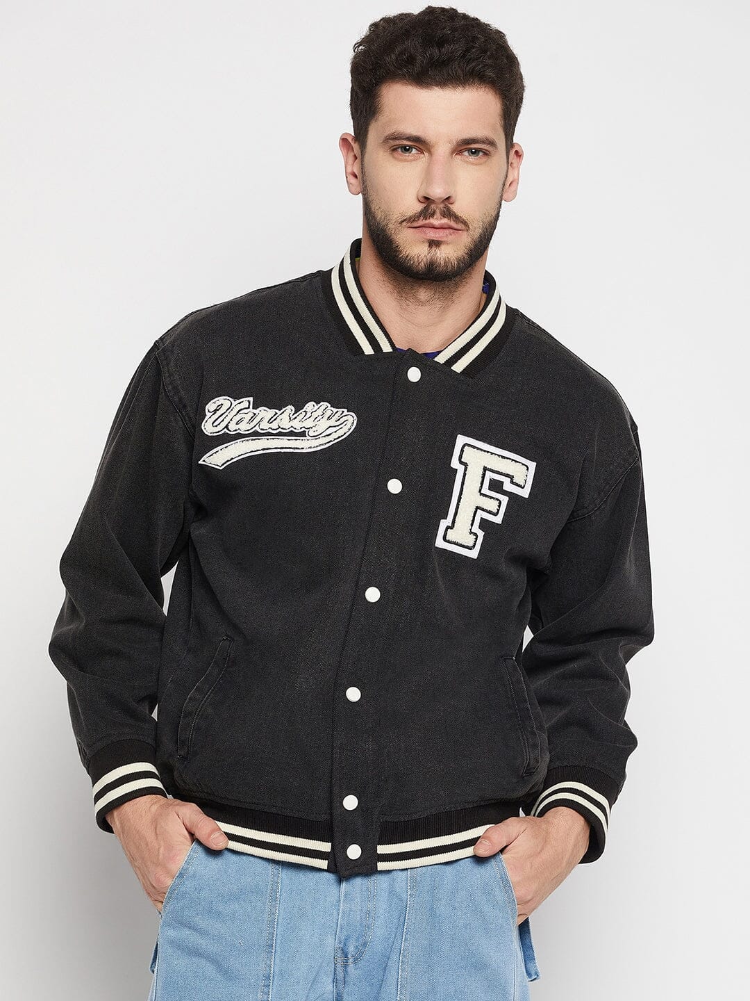 Grey Denim Varsity Jacket