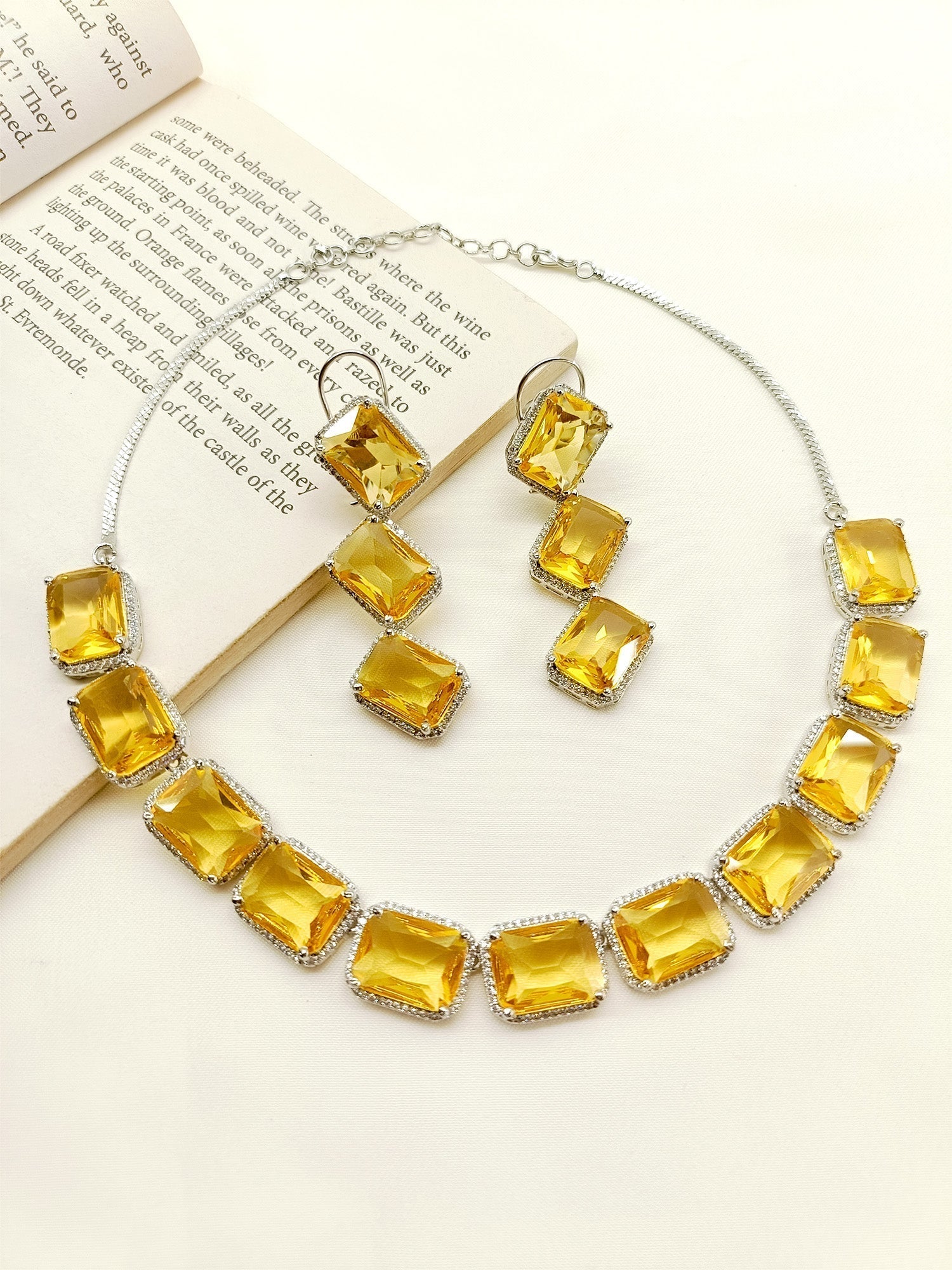 Mini Yellow Swarovski Stone Necklace Set crafted with elegant silver plated brass metal