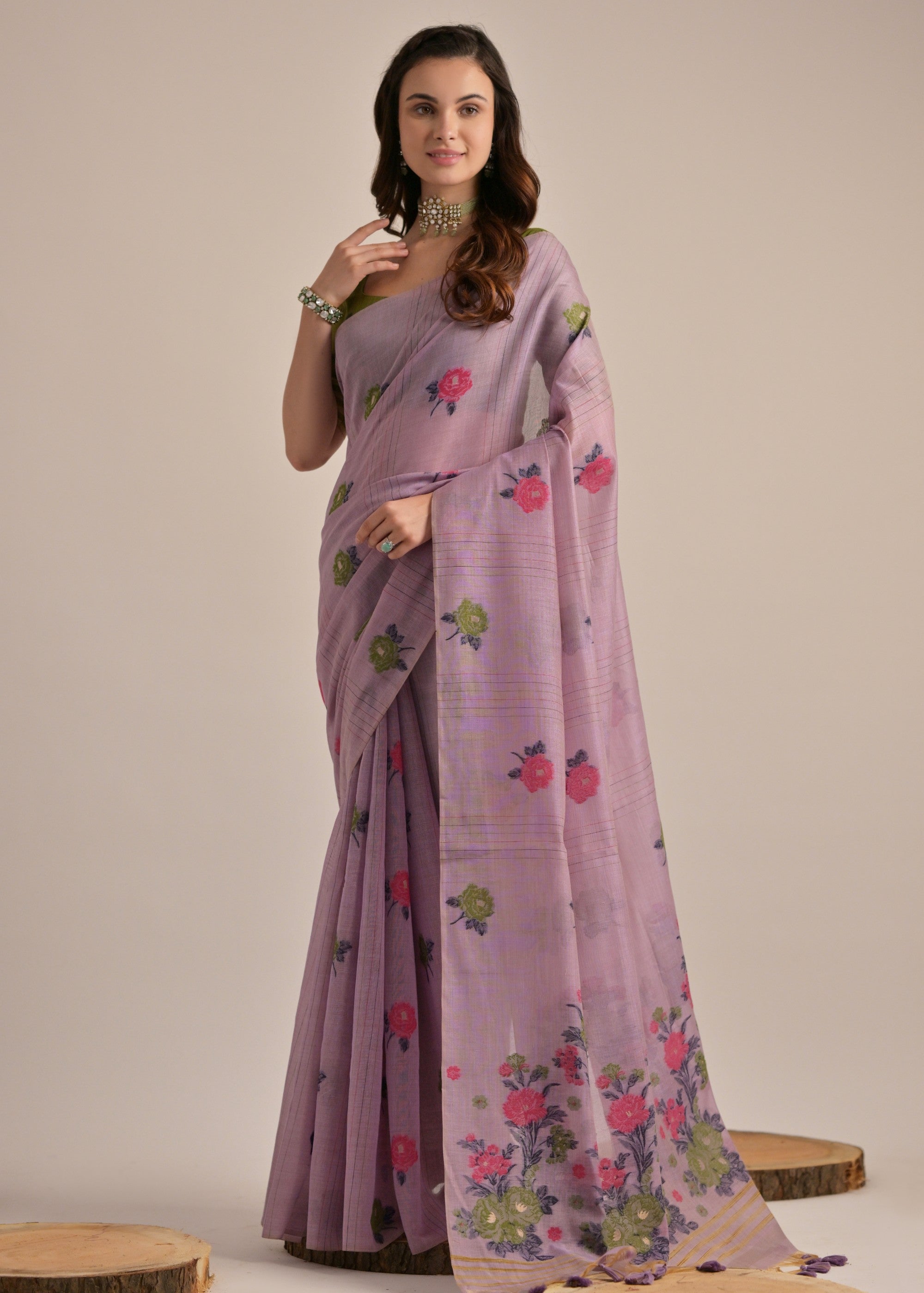 Thistle Purple Thread Woven Cotton Saree With Contrast Blouse - qivii