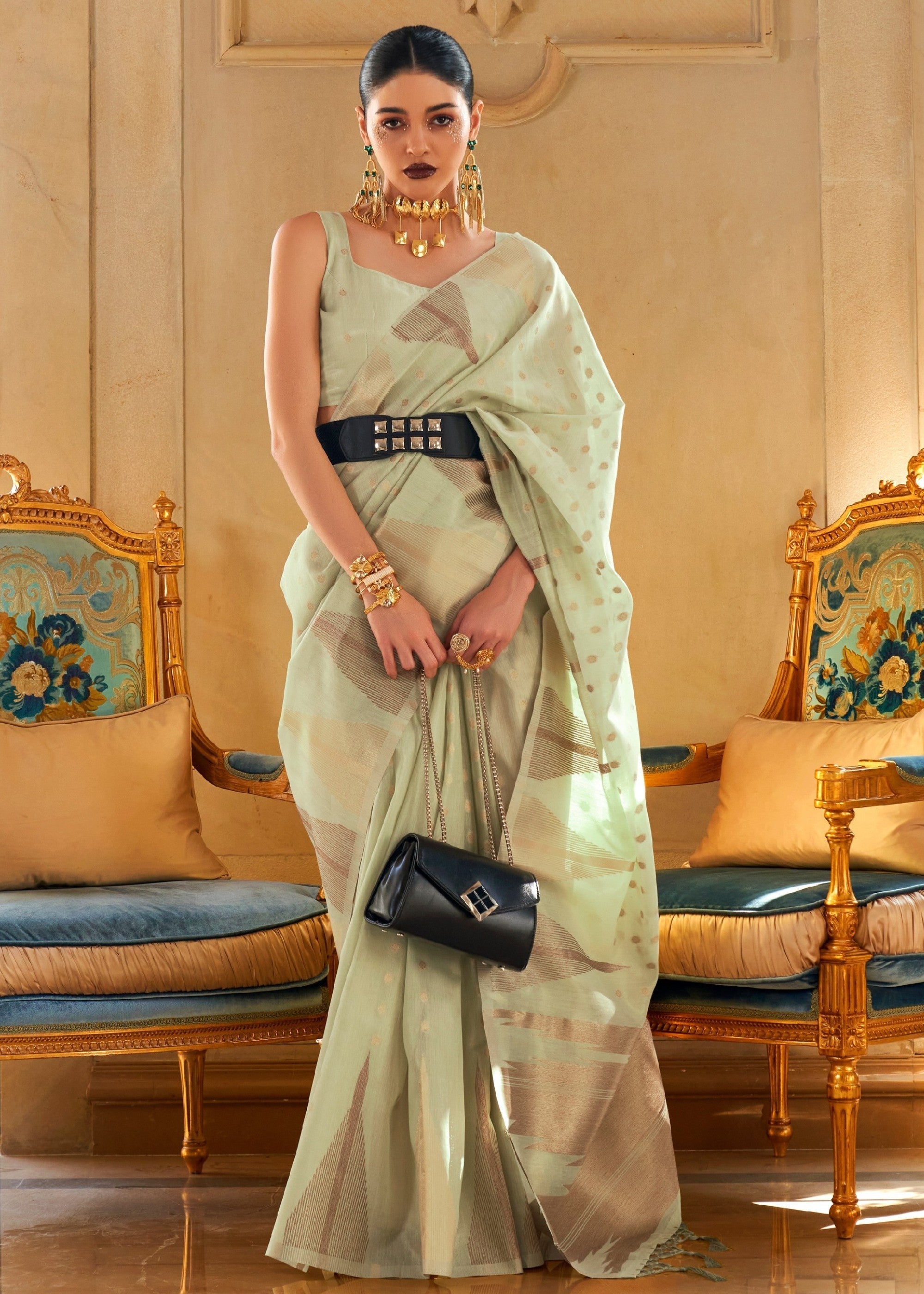 Mint Green Tissue and Khicha Zari Handloom Weaving Silk Saree - qivii