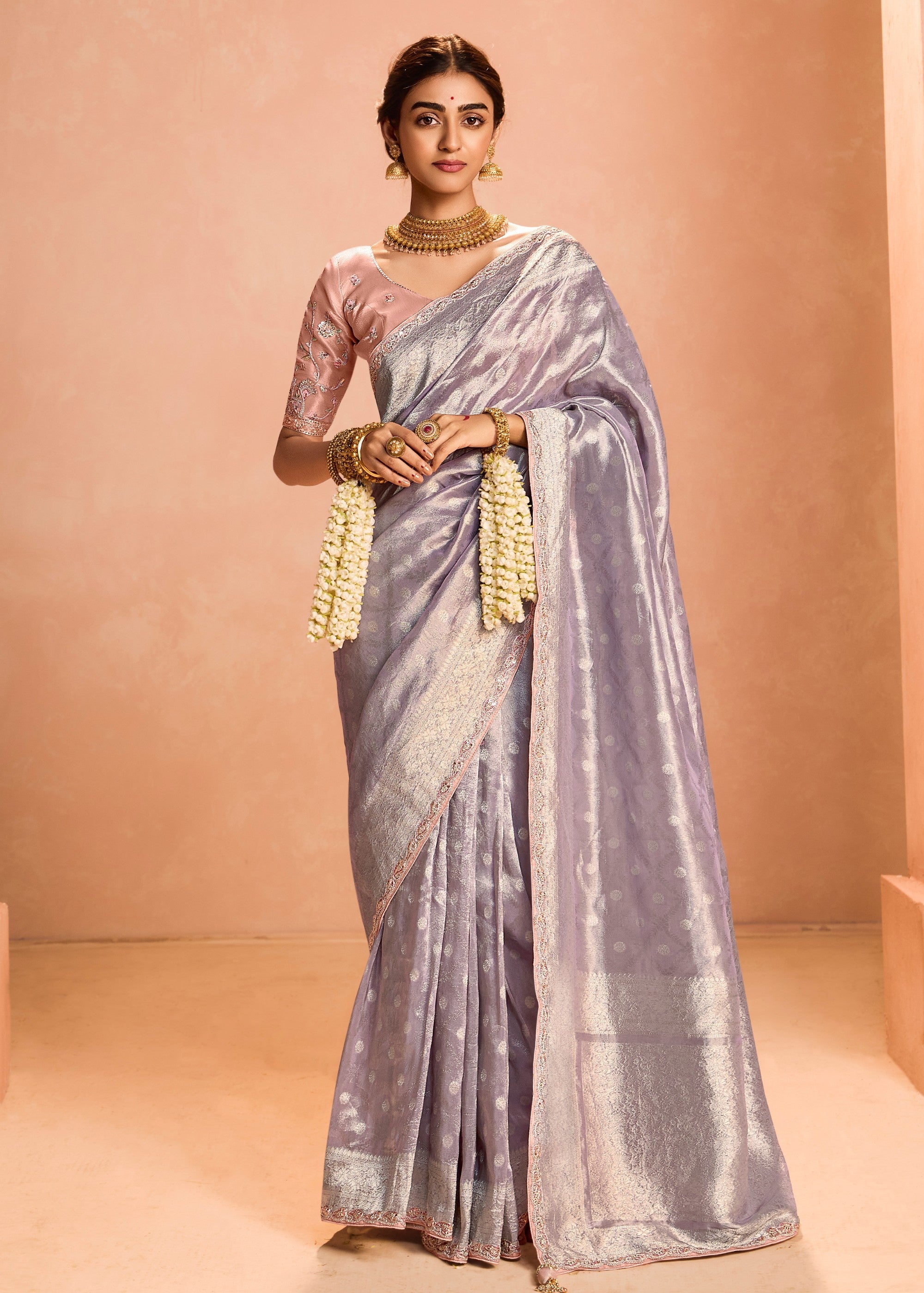 Periwinkle Purple Zari Tissue Silk Saree With Weaving Work And Heavy Embroidery Lace - qivii