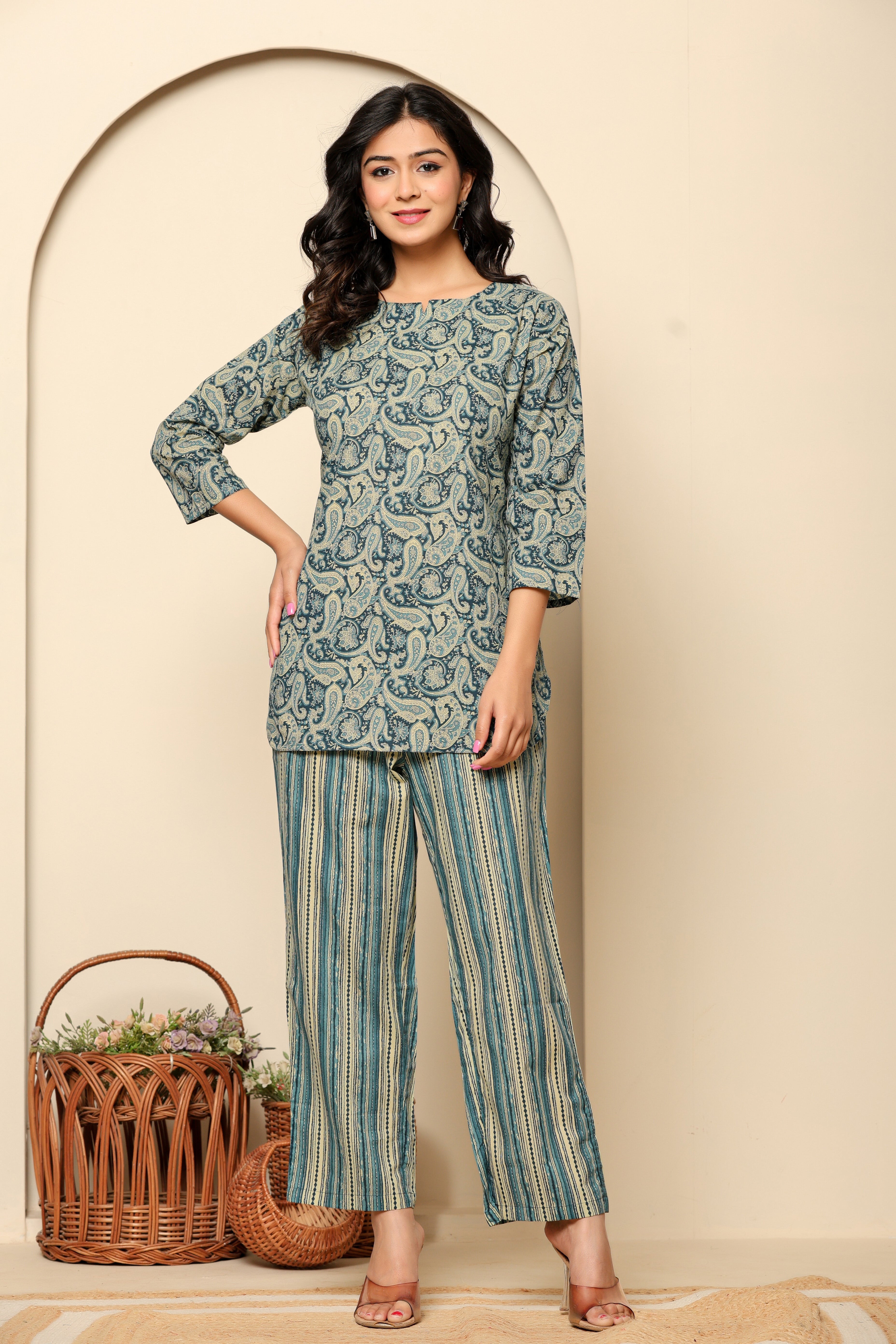 Blue Printed Cotton Coord Set - qivii