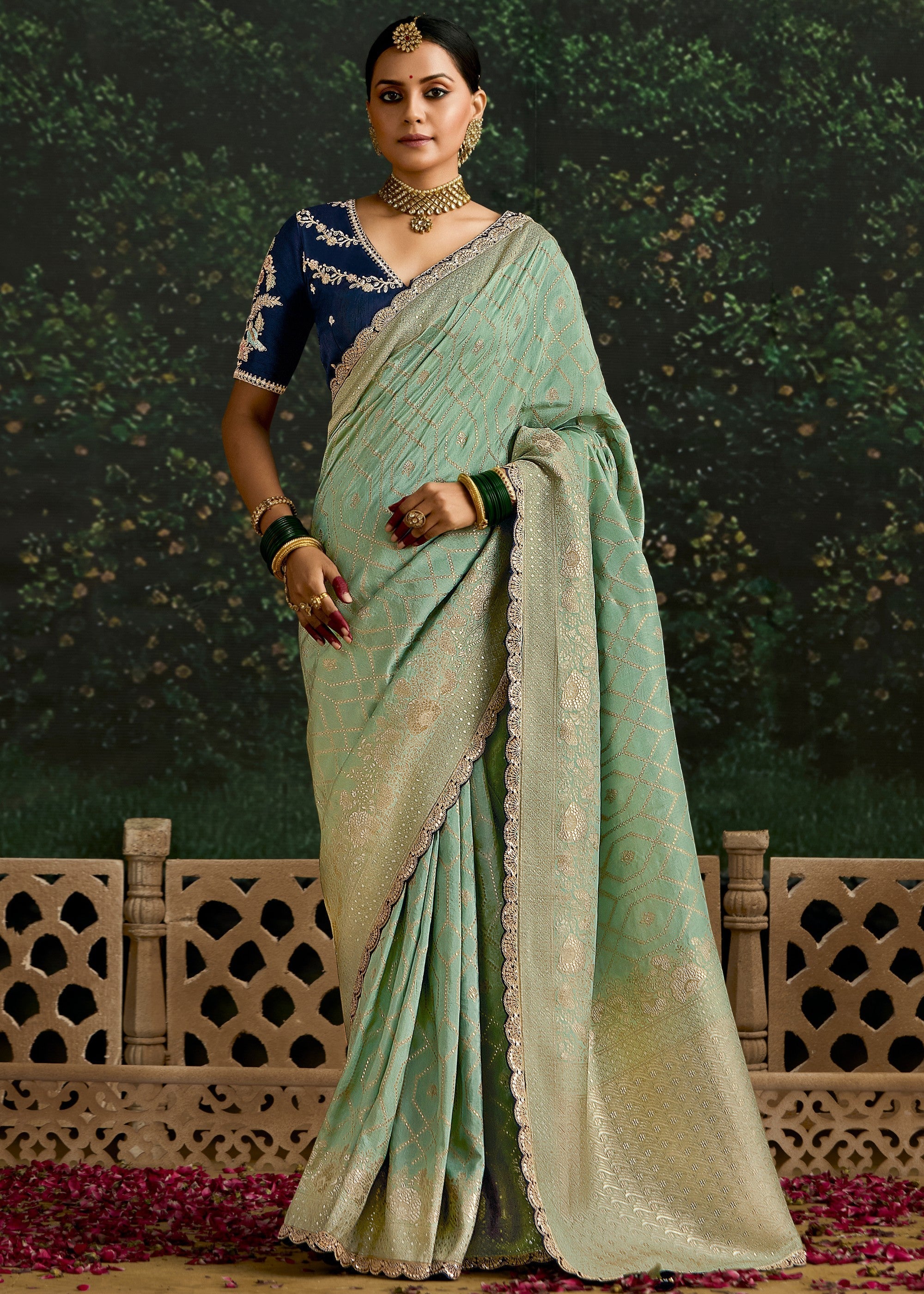 Pastel green and Navy blue Viscose silk Saree with Zari work - qivii