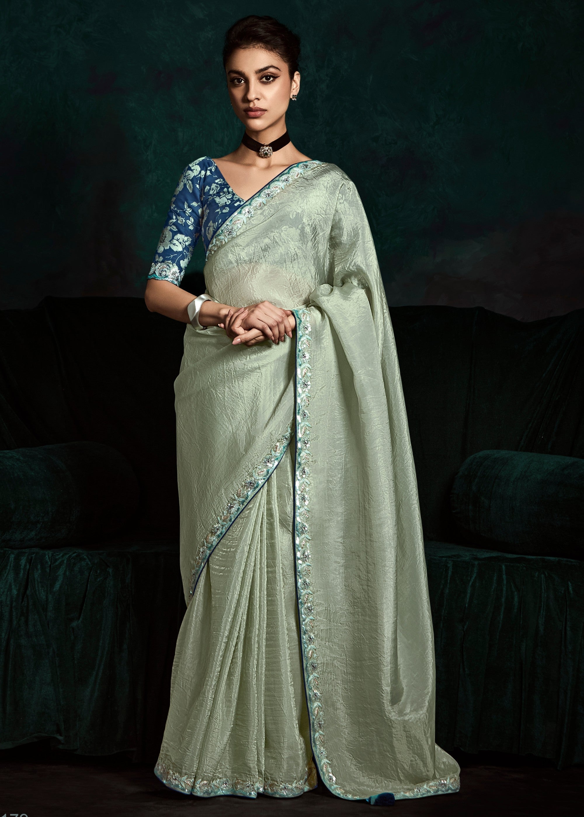 Tea Green Fancy Fabric Silk Saree With Sequins And Thread Embroidered Butti Work - qivii