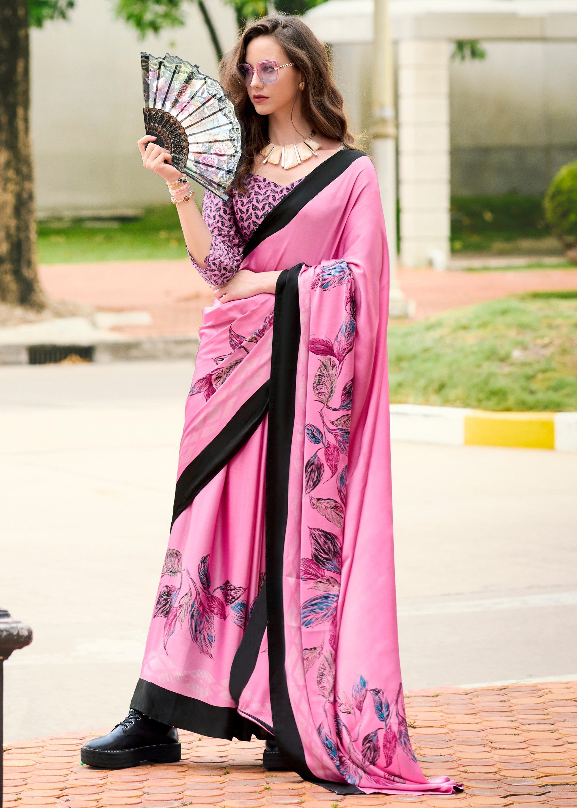 Taffy Pink Printed Satin Silk Saree - qivii