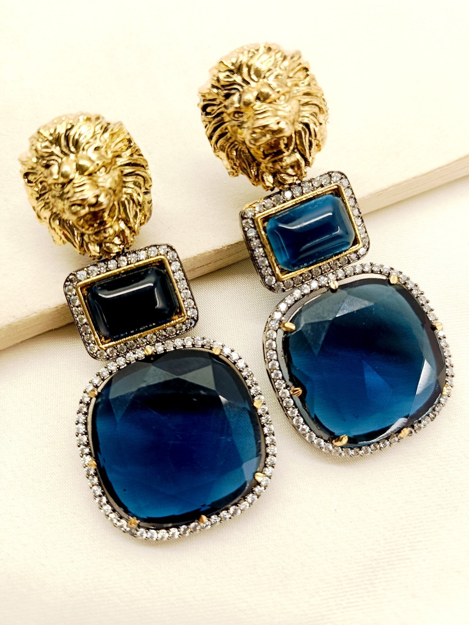 Kallie Navy Blue Victorian Earrings expertly crafted with traditional lion motifs