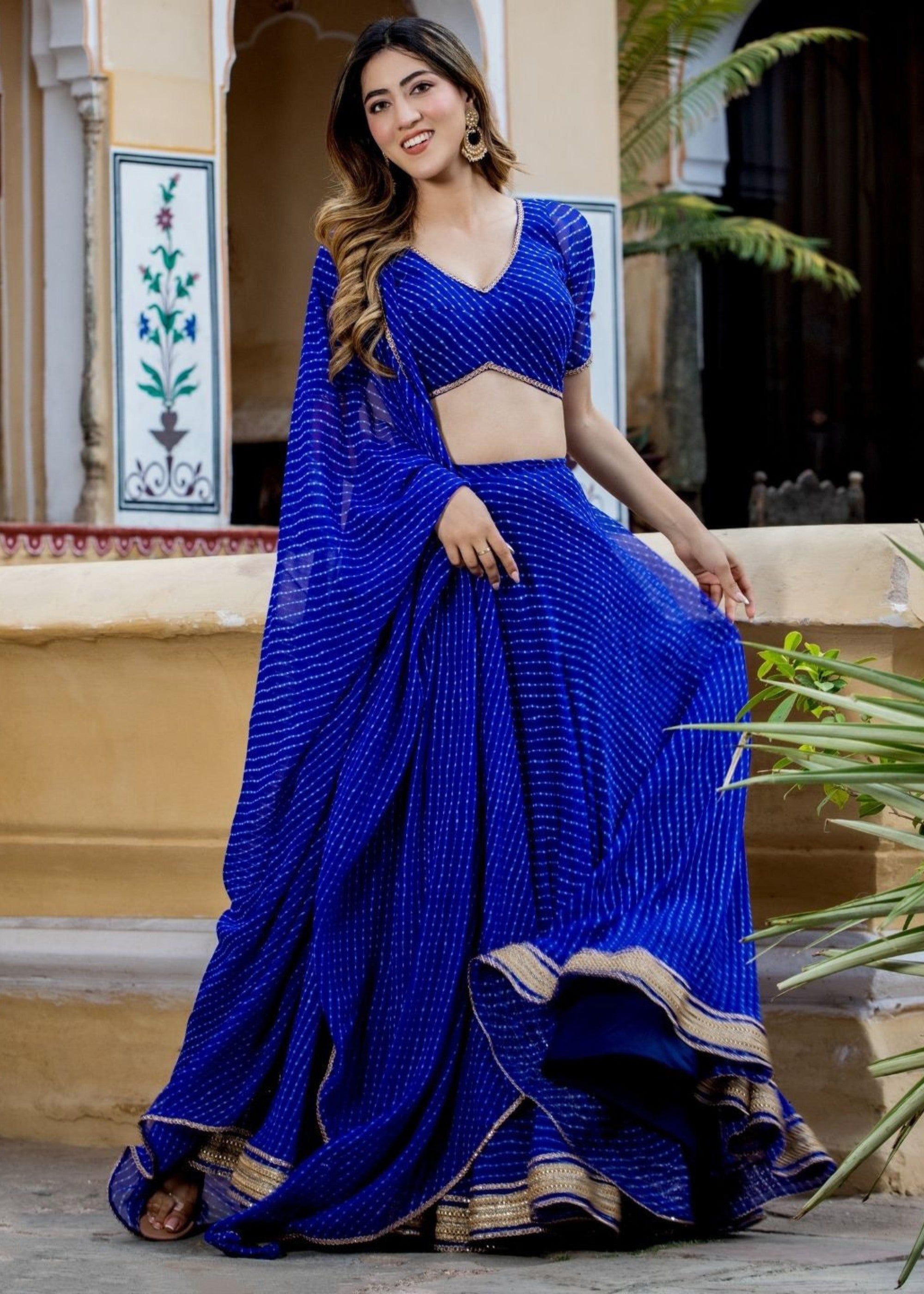 Azure Blue Georgette Leheriya Print Lehenga With Zari And Lace Work | Ready To Wear - qivii