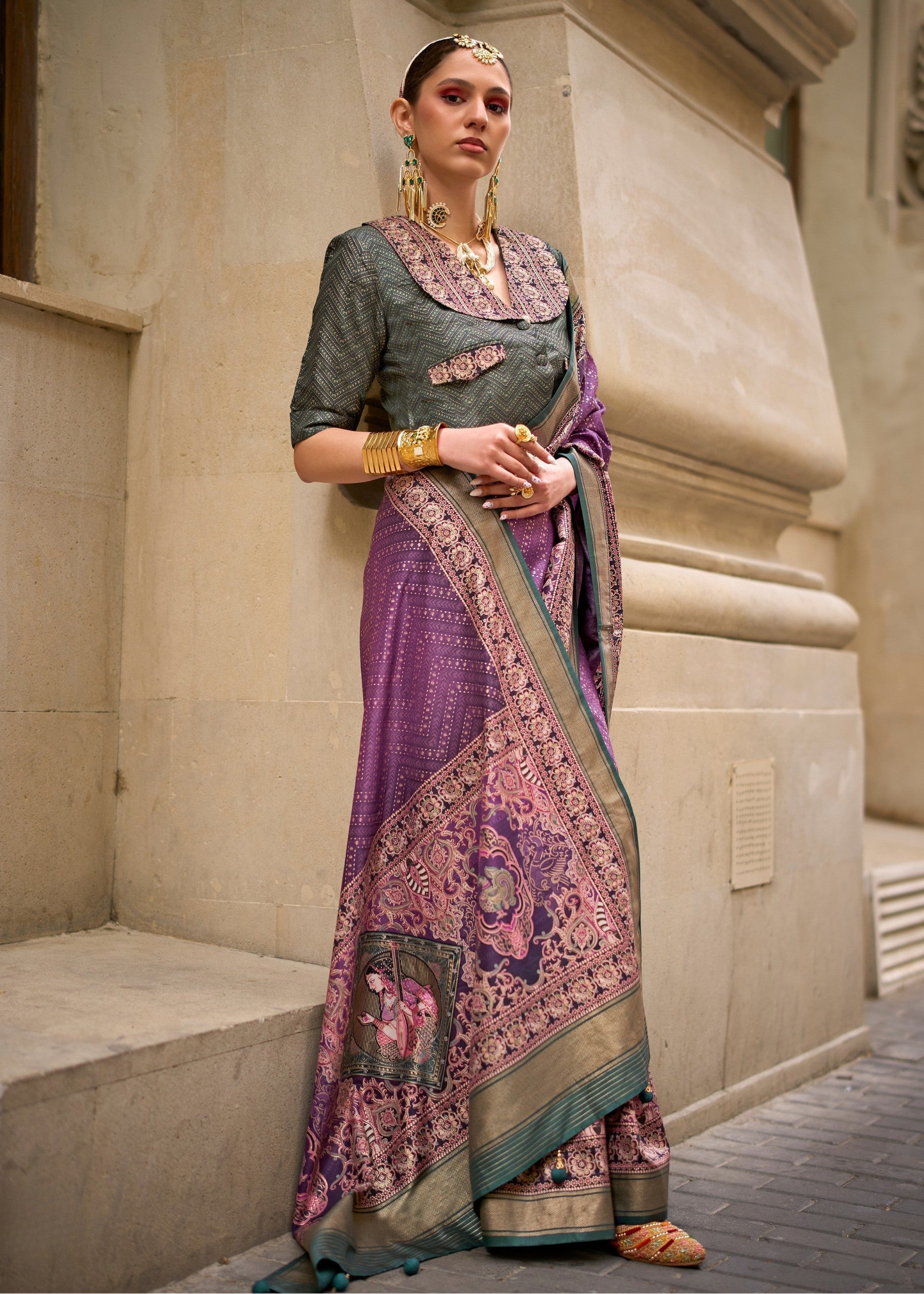 Purple Poly Viscose Silk Saree With Foil Print - qivii